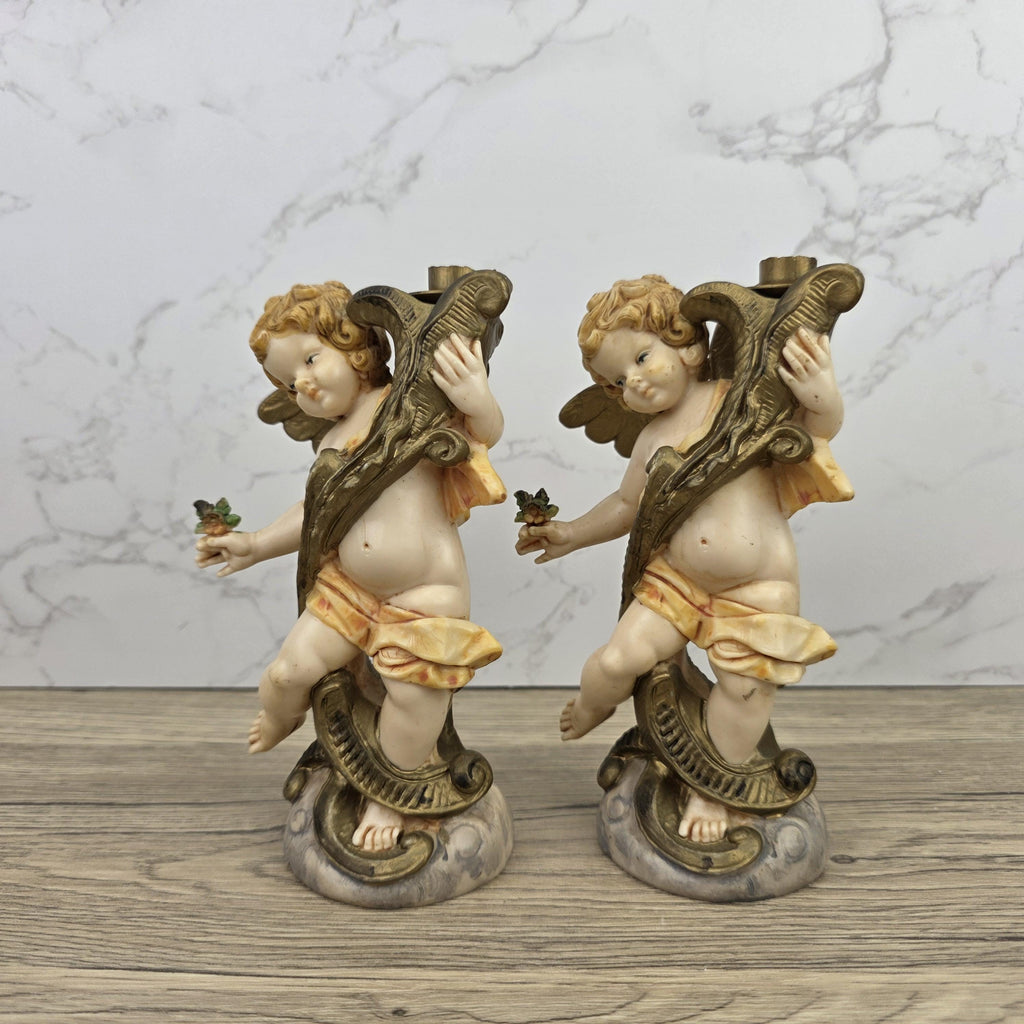 Italian Cherub Candle Holders Pair Model 5043 | Made in Italy | Vintage Resin Putti Candlesticks