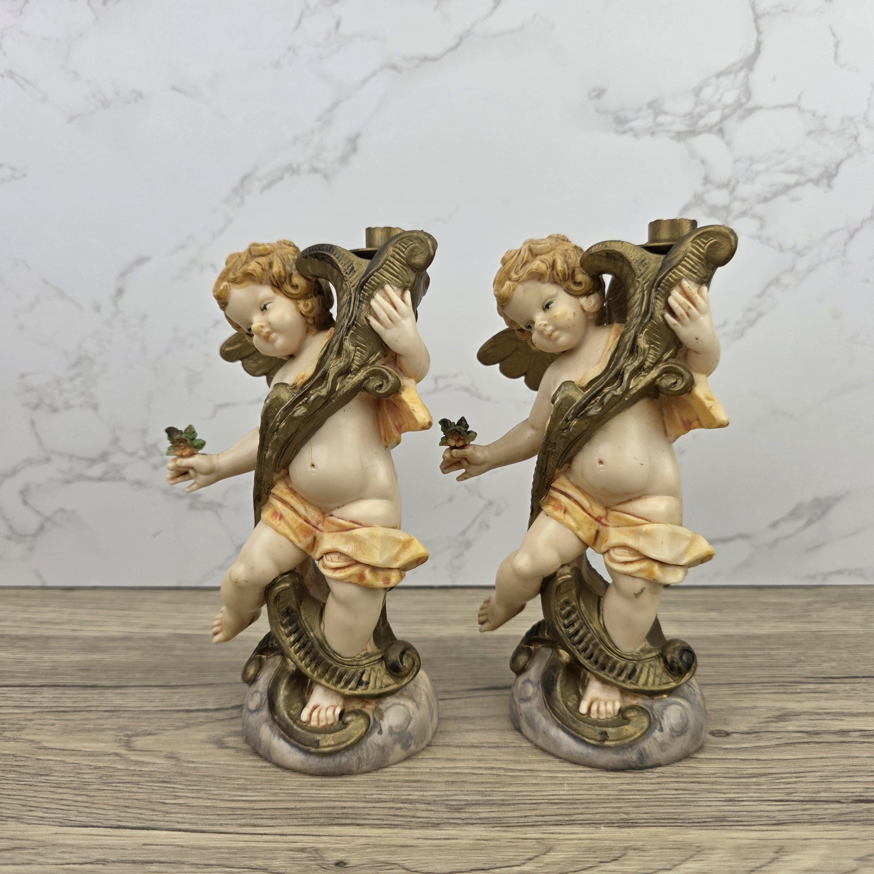Italian Cherub Candle Holders Pair Model 5043 | Made in Italy | Vintage Resin Putti Candlesticks