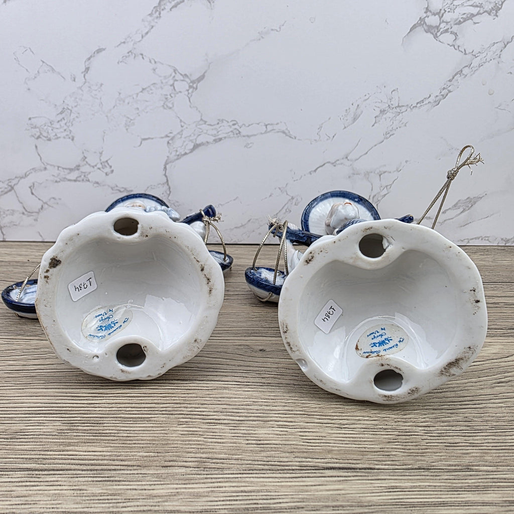 Japanese Fisherman Porcelain Figurine Pair | Blue White Ceramic Statues | Vintage Asian Market Decor