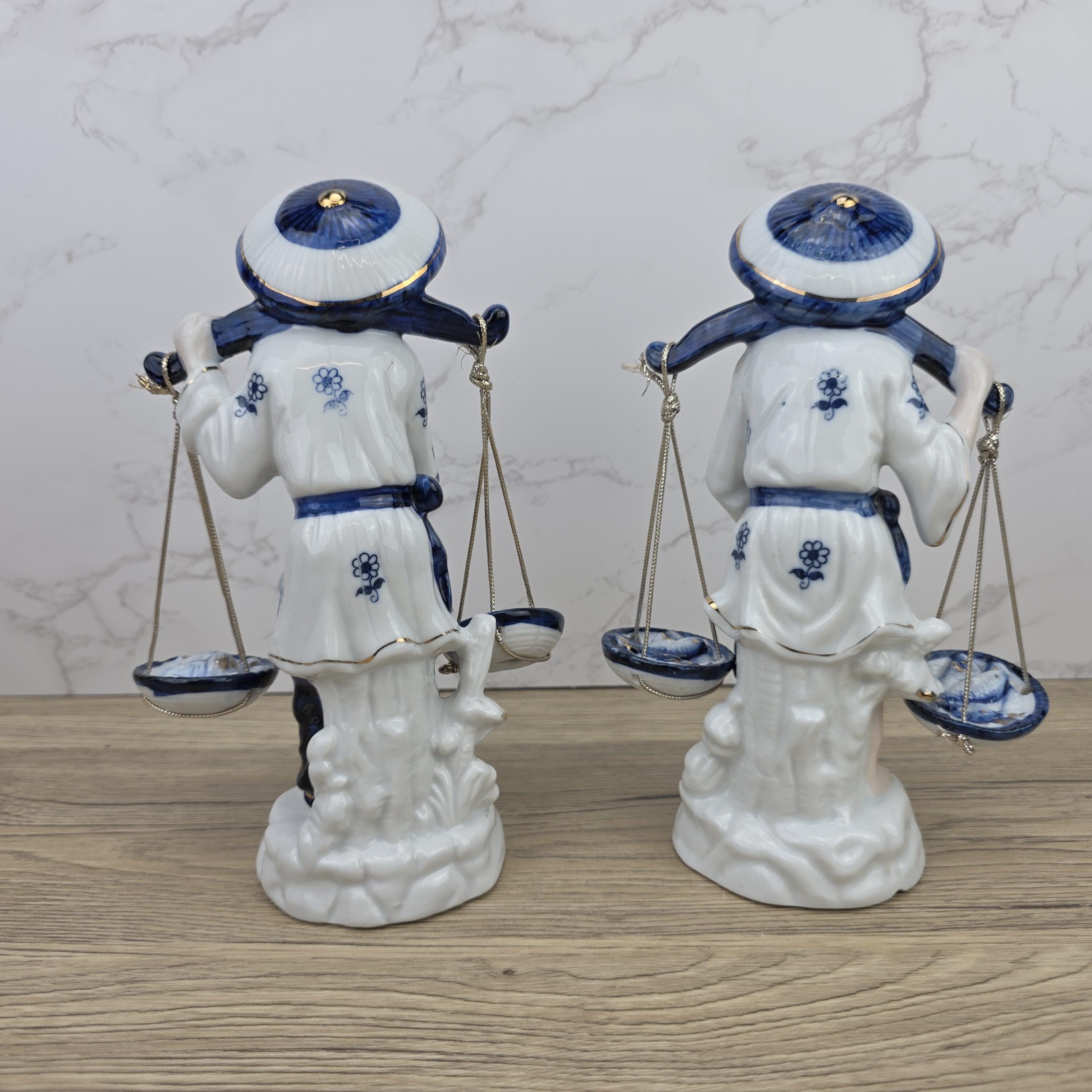 Japanese Fisherman Porcelain Figurine Pair | Blue White Ceramic Statues | Vintage Asian Market Decor