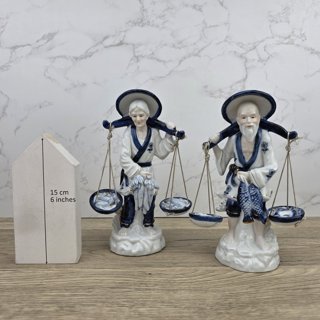 Japanese Fisherman Porcelain Figurine Pair | Blue White Ceramic Statues | Vintage Asian Market Decor