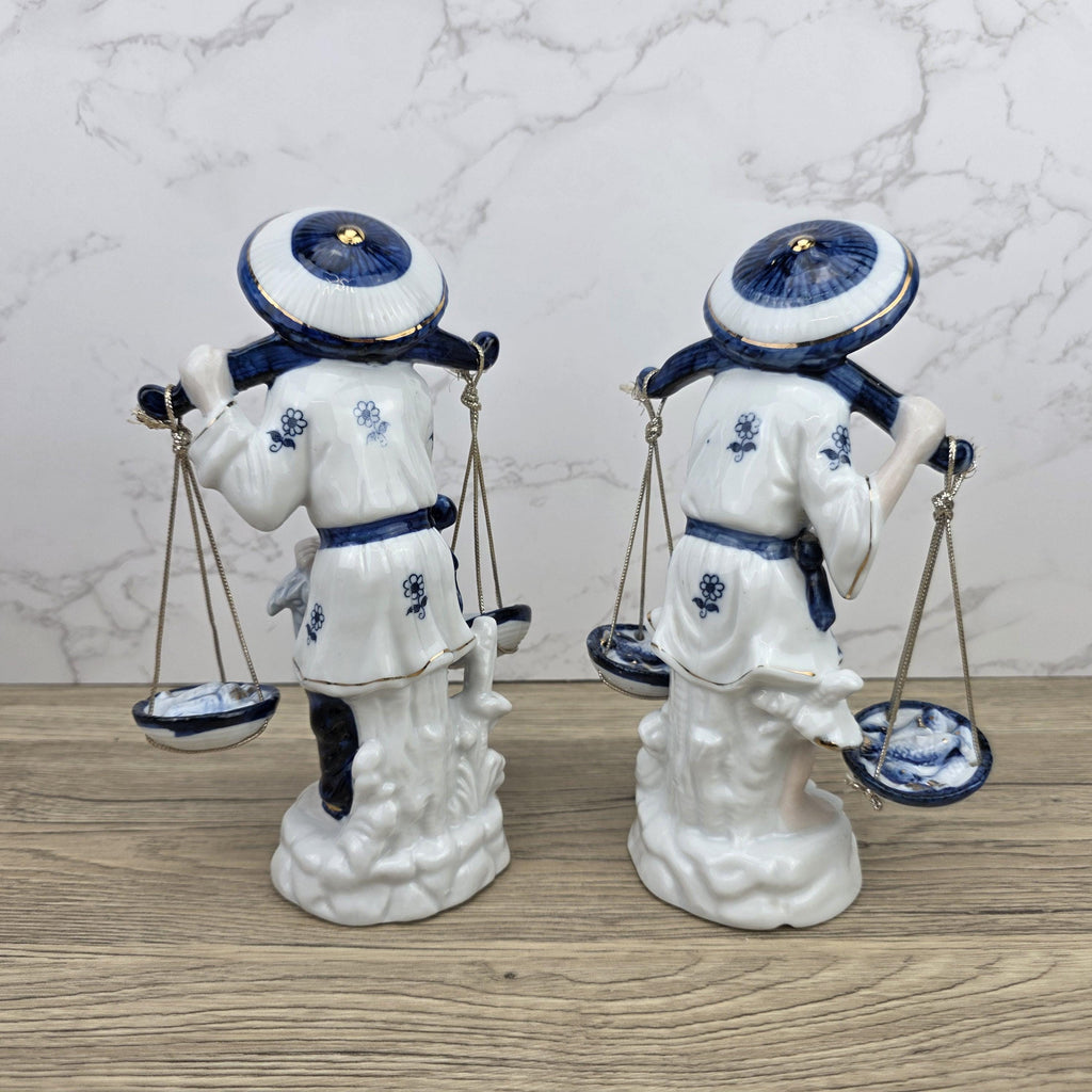 Japanese Fisherman Porcelain Figurine Pair | Blue White Ceramic Statues | Vintage Asian Market Decor