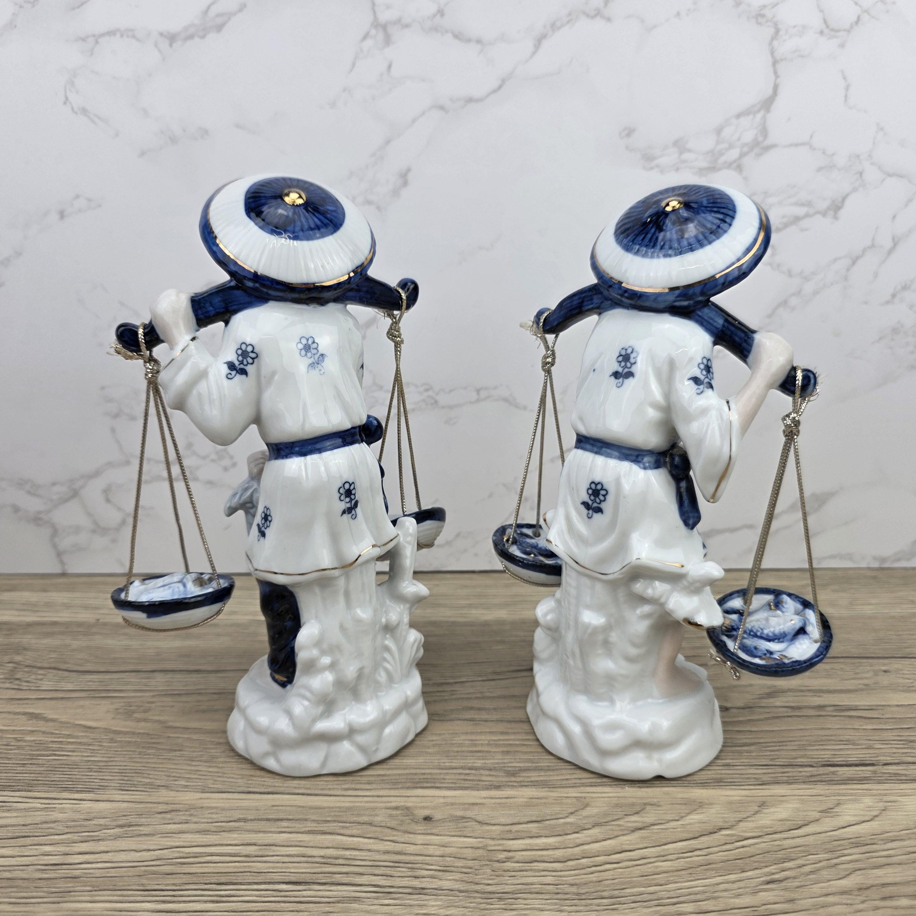Japanese Fisherman Porcelain Figurine Pair | Blue White Ceramic Statues | Vintage Asian Market Decor