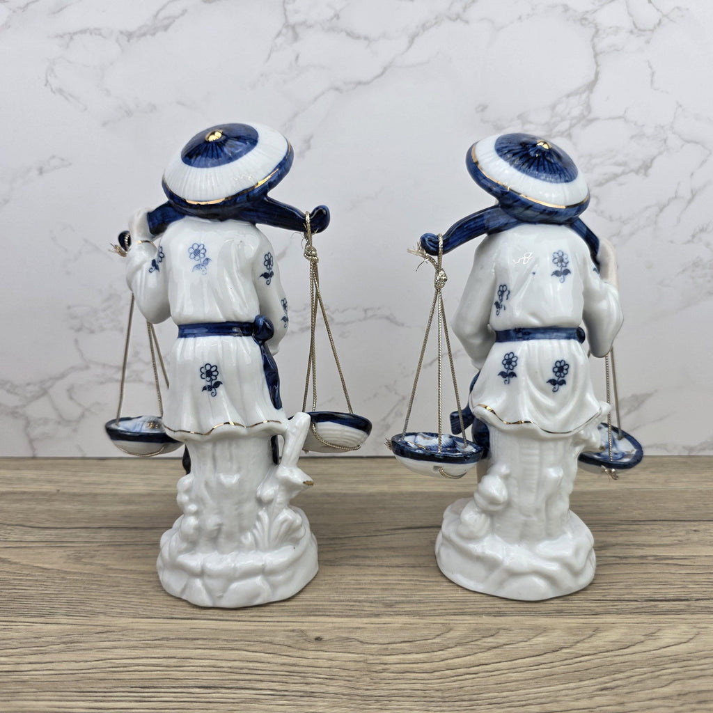 Japanese Fisherman Porcelain Figurine Pair | Blue White Ceramic Statues | Vintage Asian Market Decor