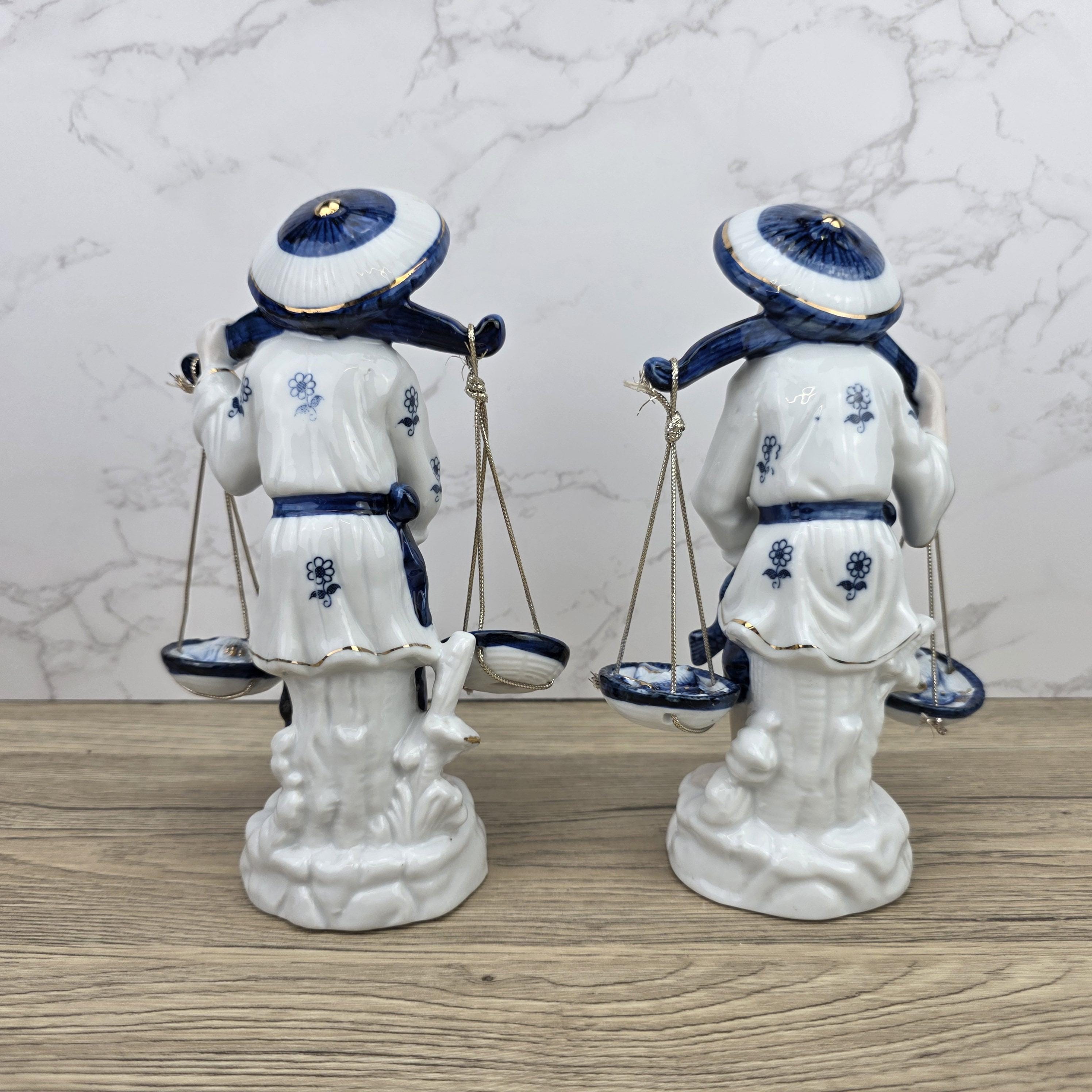 Japanese Fisherman Porcelain Figurine Pair | Blue White Ceramic Statues | Vintage Asian Market Decor