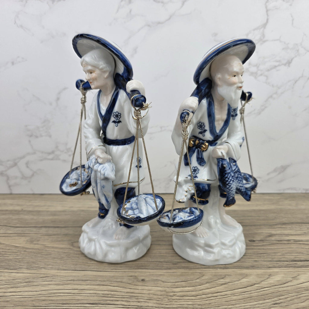 Japanese Fisherman Porcelain Figurine Pair | Blue White Ceramic Statues | Vintage Asian Market Decor