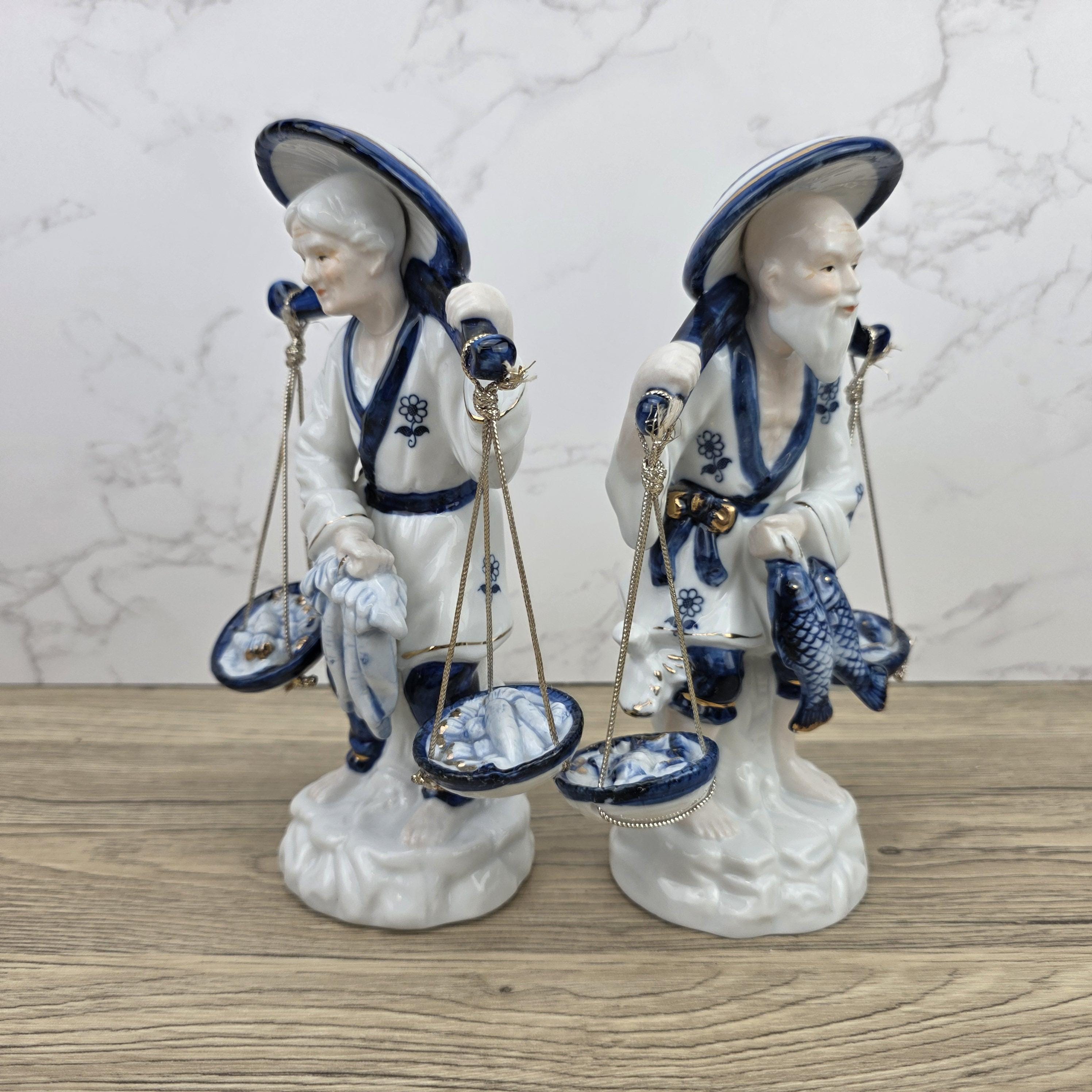 Japanese Fisherman Porcelain Figurine Pair | Blue White Ceramic Statues | Vintage Asian Market Decor