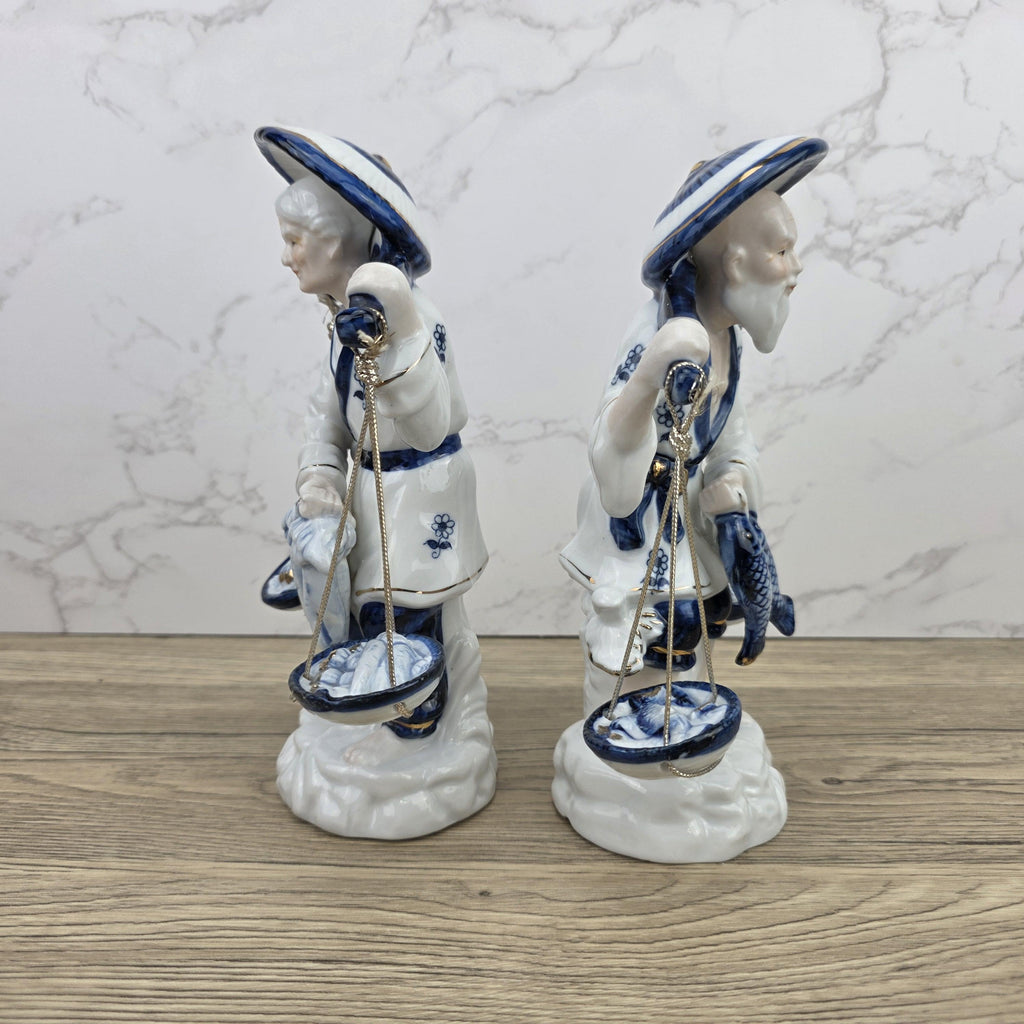 Japanese Fisherman Porcelain Figurine Pair | Blue White Ceramic Statues | Vintage Asian Market Decor