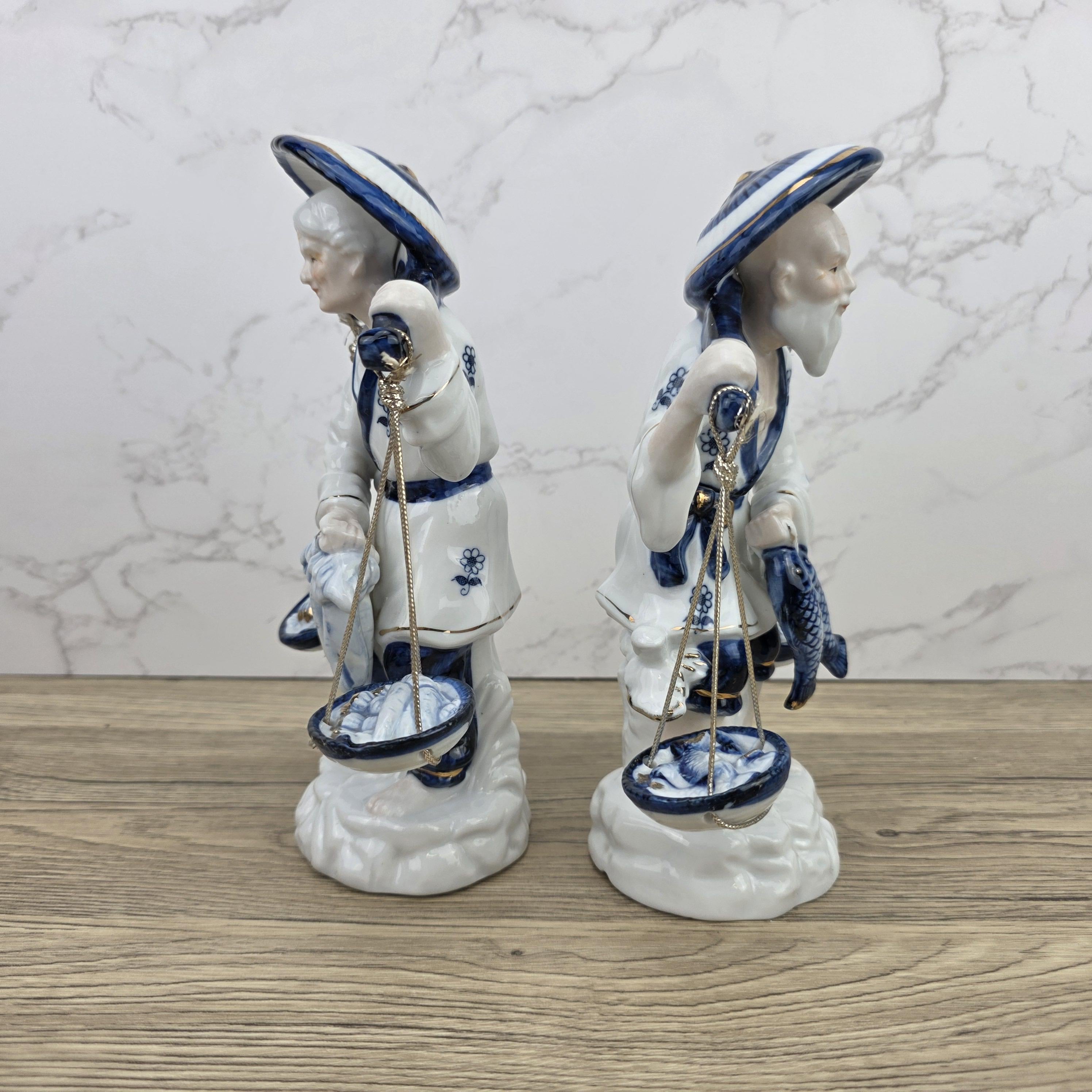 Japanese Fisherman Porcelain Figurine Pair | Blue White Ceramic Statues | Vintage Asian Market Decor