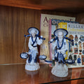 Japanese Fisherman Porcelain Figurine Pair | Blue White Ceramic Statues | Vintage Asian Market Decor