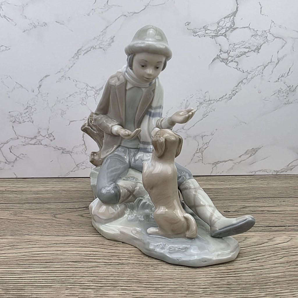 Porcelain Boy and Dog Figurine | Vintage Spanish Style Ceramic Sculpture | Collectible Animal Scene Decor