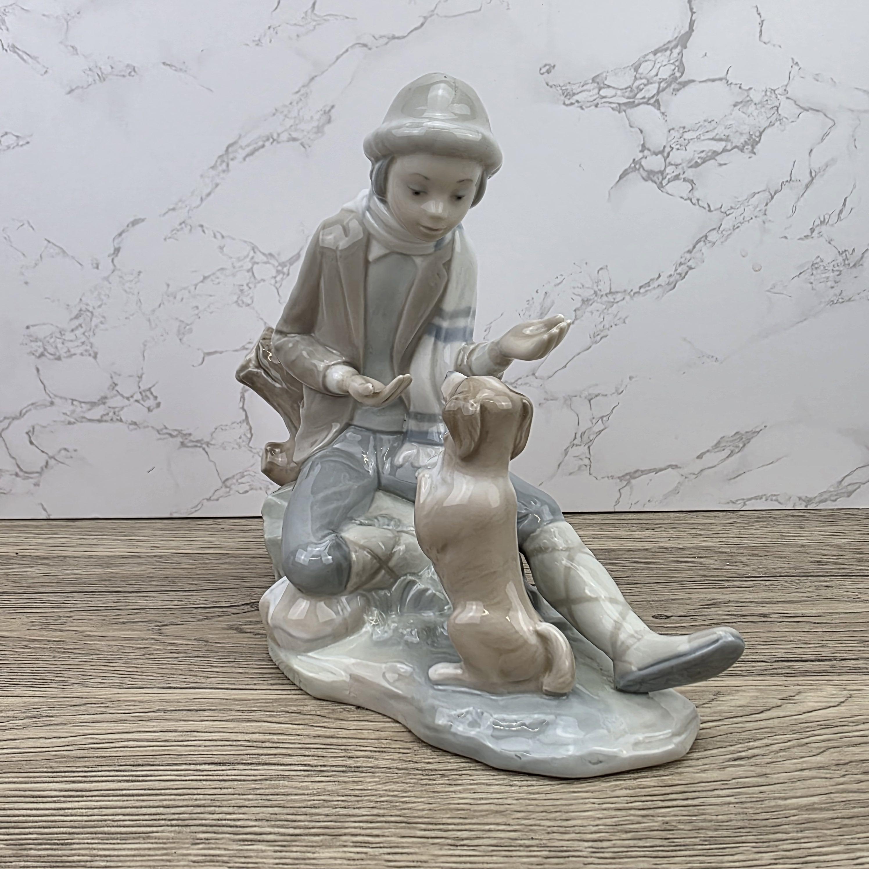 Porcelain Boy and Dog Figurine | Vintage Spanish Style Ceramic Sculpture | Collectible Animal Scene Decor