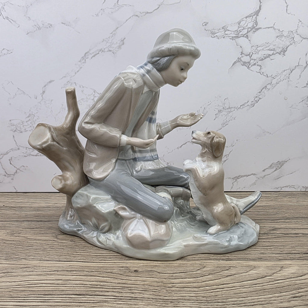 Porcelain Boy and Dog Figurine | Vintage Spanish Style Ceramic Sculpture | Collectible Animal Scene Decor