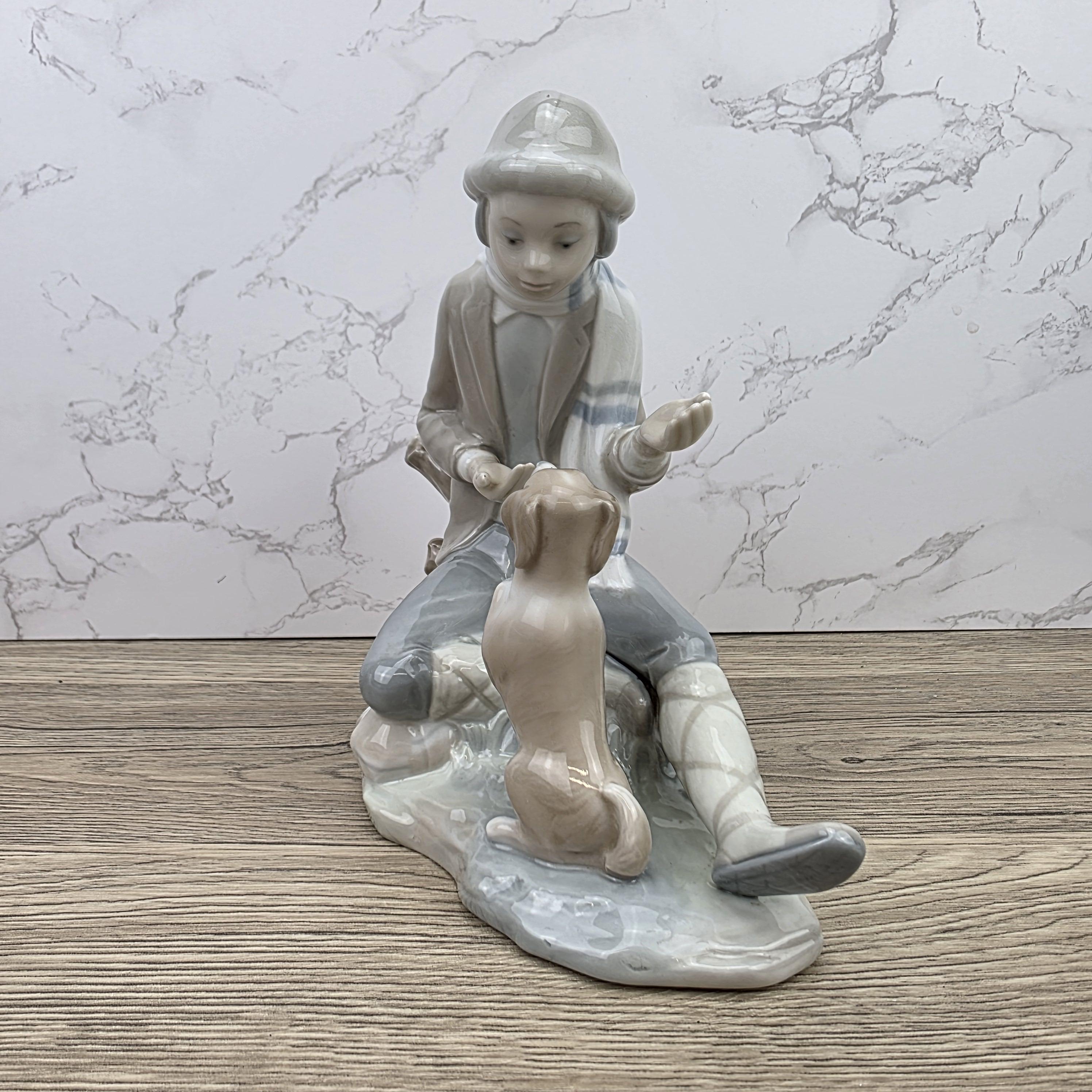 Porcelain Boy and Dog Figurine | Vintage Spanish Style Ceramic Sculpture | Collectible Animal Scene Decor