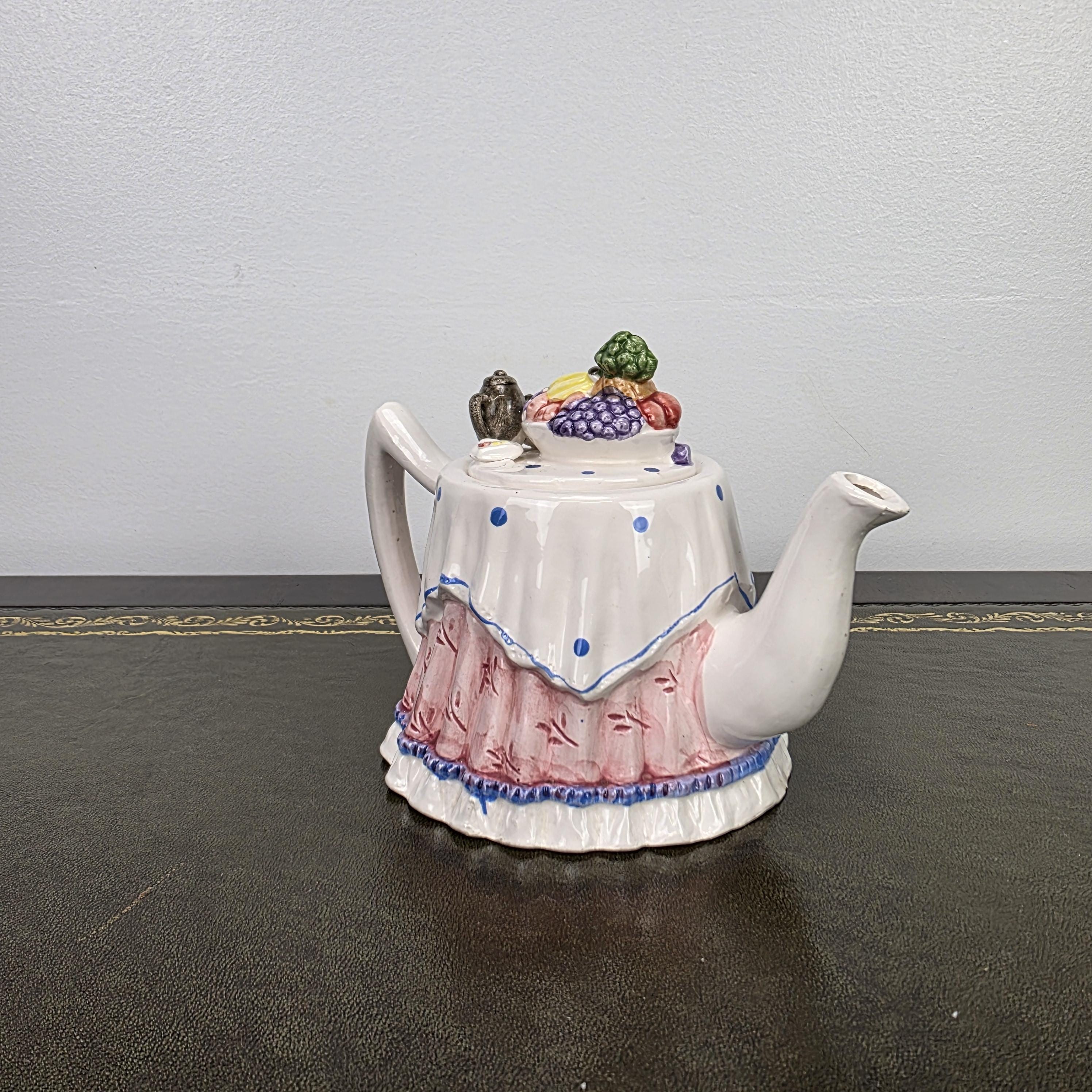 Novelty Porcelain Teapot with Fruit Lid Decorative Table Teaware Collectible Kitchen Display Piece 1990s