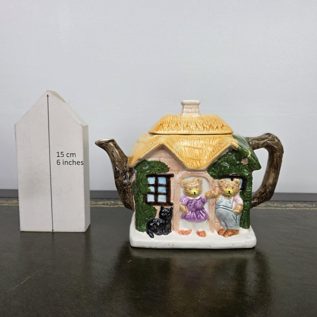 Cottage House Novelty Teapot with Bear Figures Porcelain Collectible Tea Pot Kitchen Display 1990s
