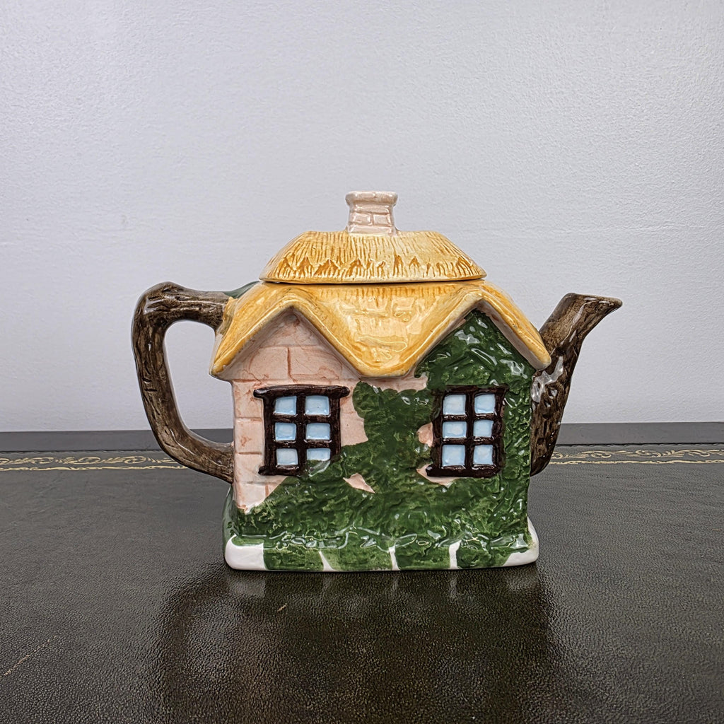 Cottage House Novelty Teapot with Bear Figures Porcelain Collectible Tea Pot Kitchen Display 1990s