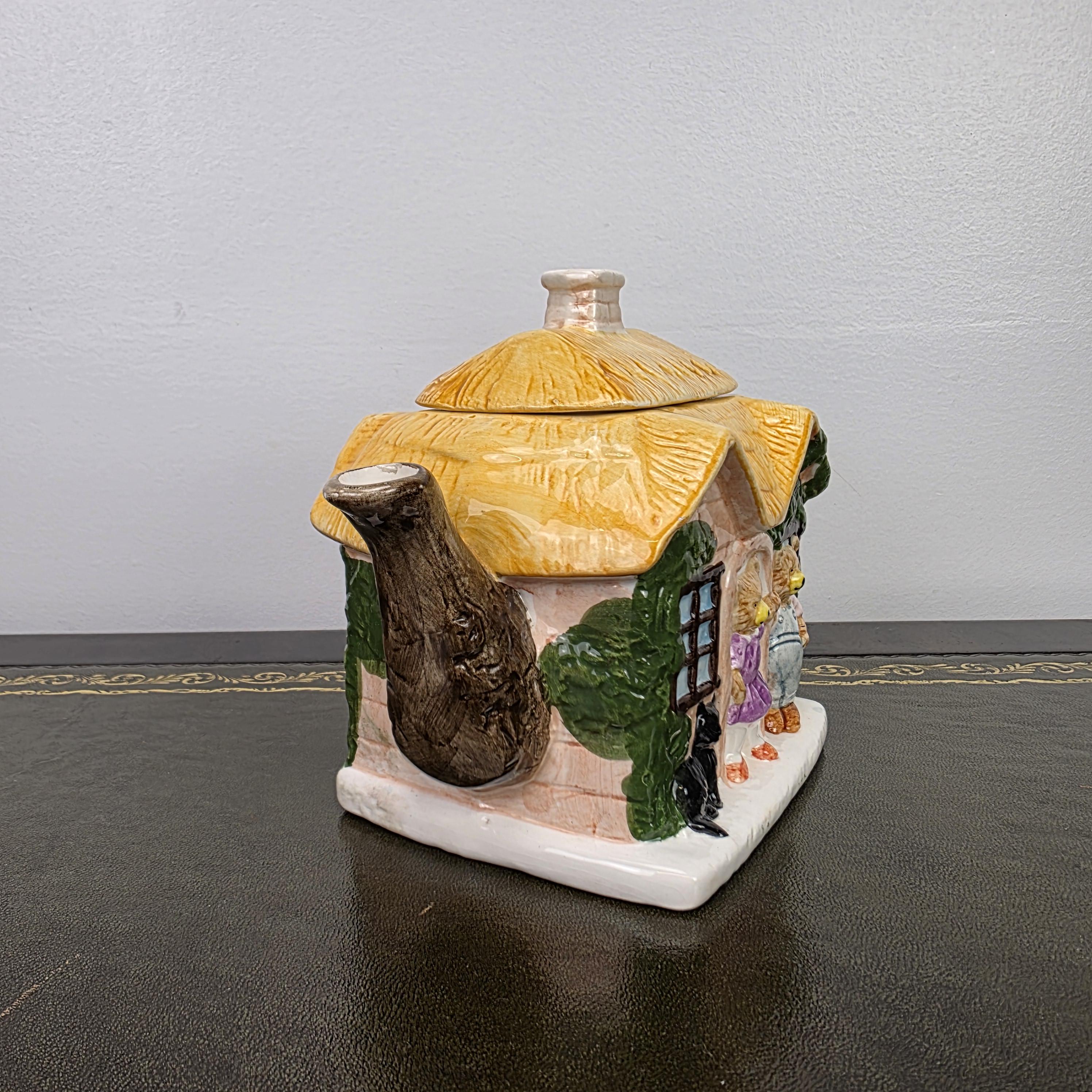 Cottage House Novelty Teapot with Bear Figures Porcelain Collectible Tea Pot Kitchen Display 1990s