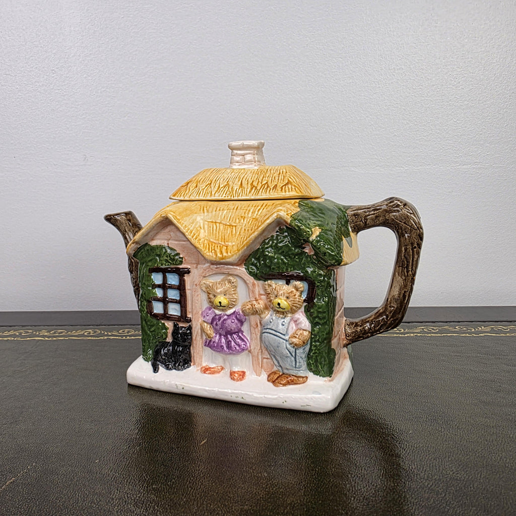 Cottage House Novelty Teapot with Bear Figures Porcelain Collectible Tea Pot Kitchen Display 1990s