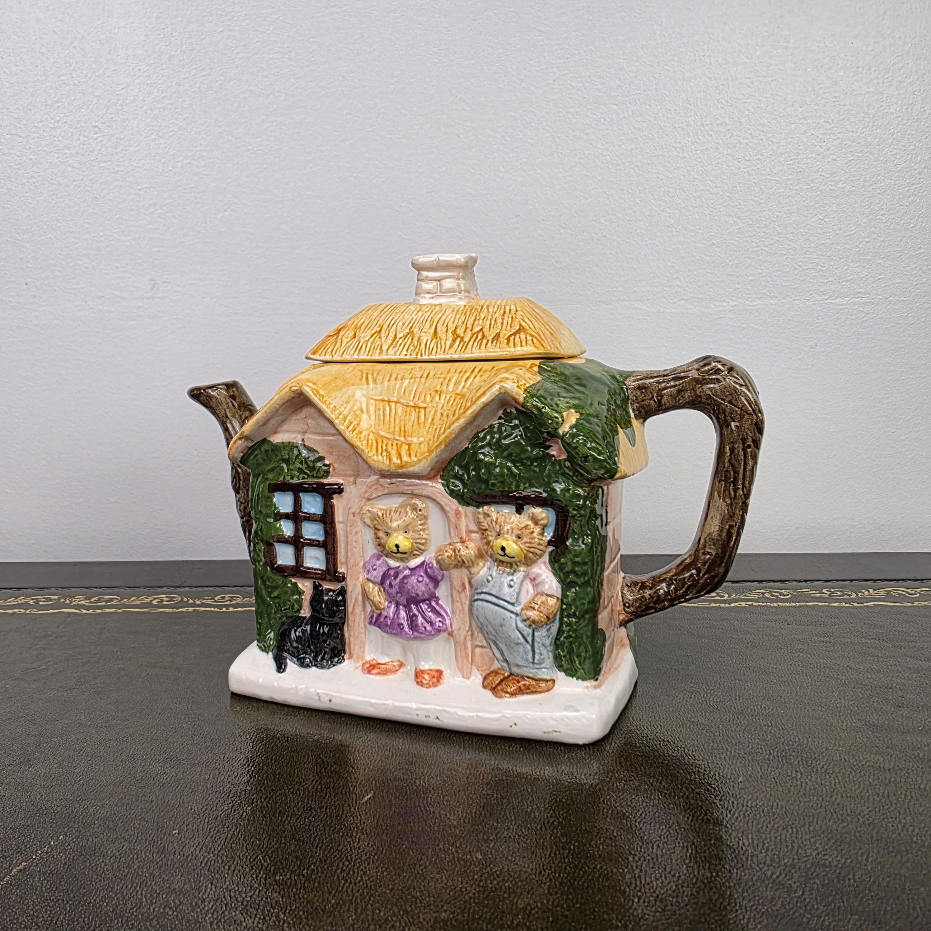 Cottage House Novelty Teapot with Bear Figures Porcelain Collectible Tea Pot Kitchen Display 1990s