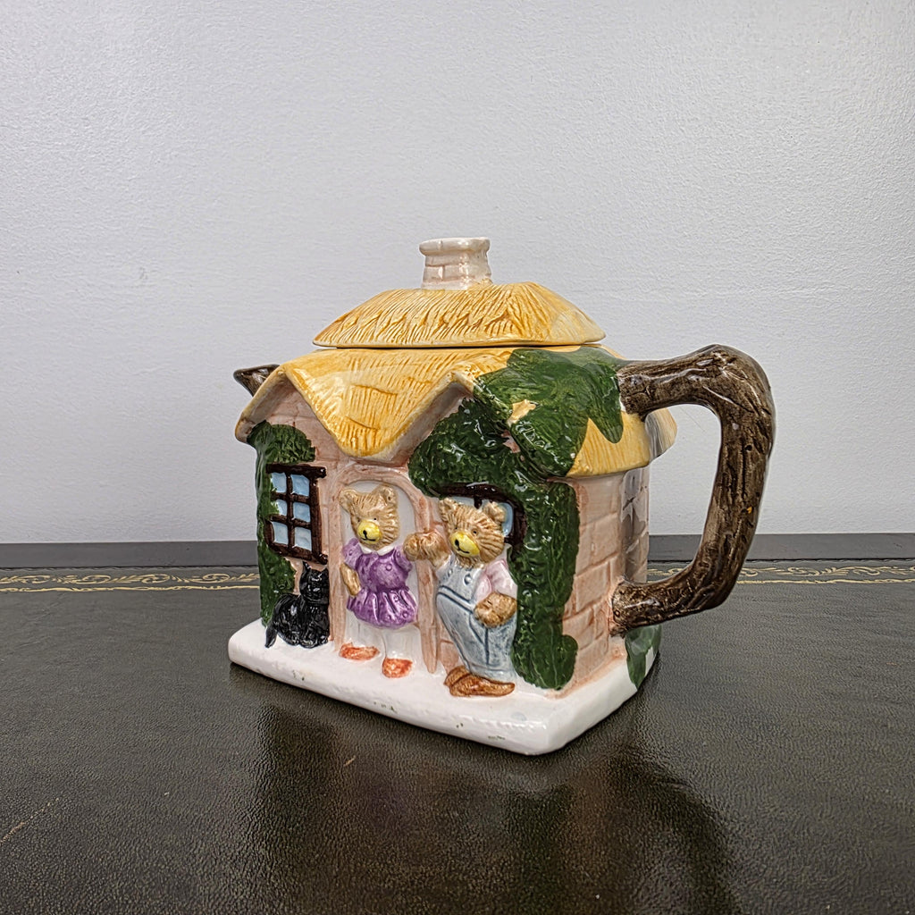 Cottage House Novelty Teapot with Bear Figures Porcelain Collectible Tea Pot Kitchen Display 1990s