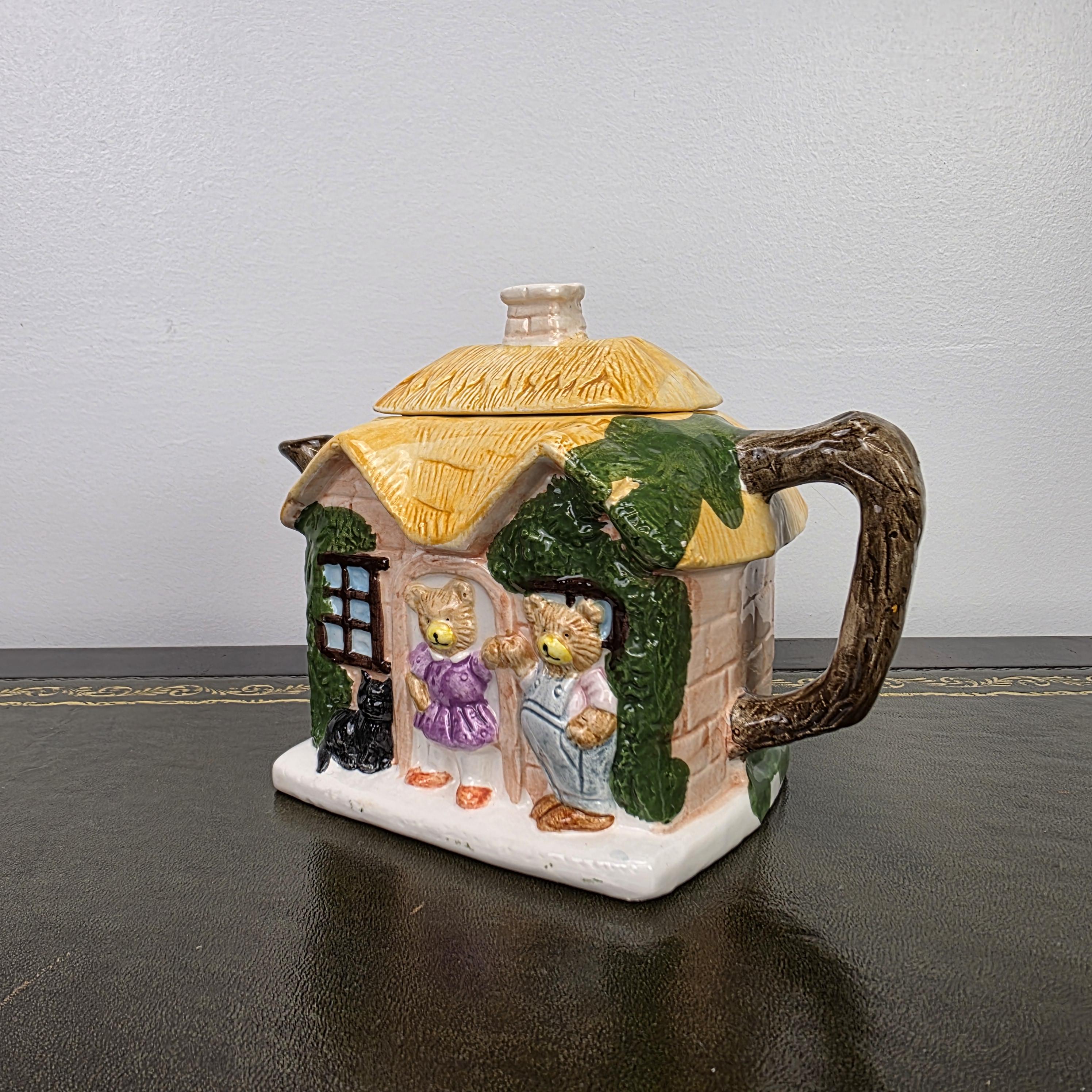Cottage House Novelty Teapot with Bear Figures Porcelain Collectible Tea Pot Kitchen Display 1990s