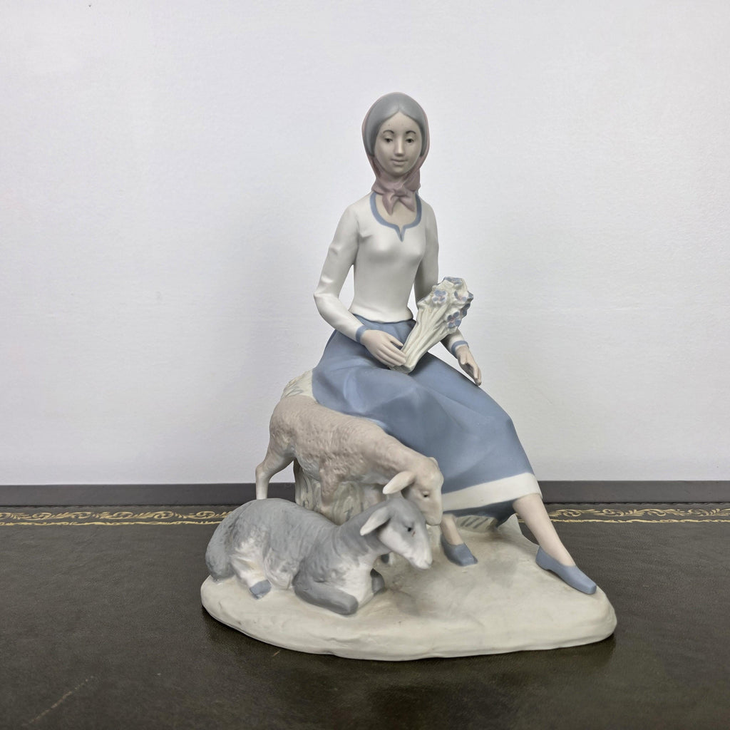 Rex Valencia Spain Porcelain Shepherd Girl with Sheep Vintage Collectible Country Scene Figurine 1980s