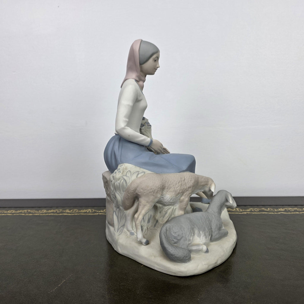 Rex Valencia Spain Porcelain Shepherd Girl with Sheep Vintage Collectible Country Scene Figurine 1980s