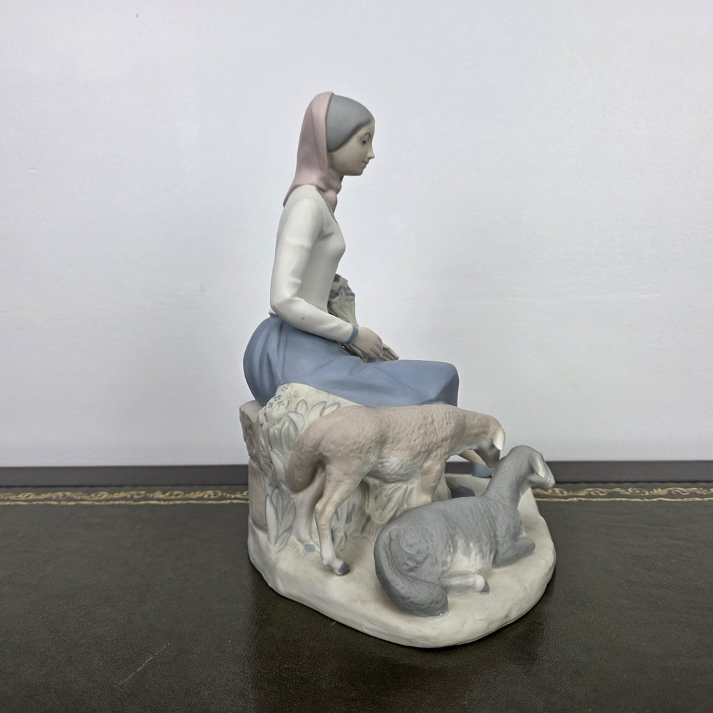 Rex Valencia Spain Porcelain Shepherd Girl with Sheep Vintage Collectible Country Scene Figurine 1980s