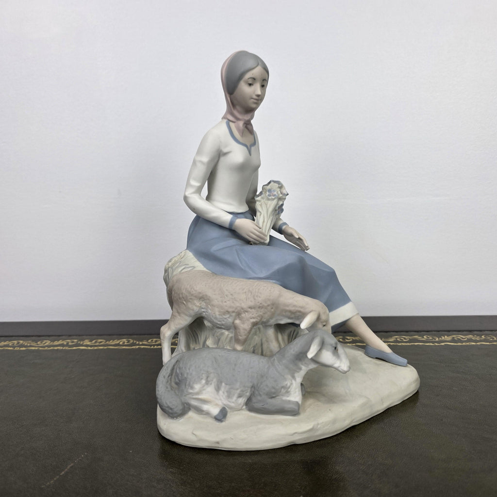 Rex Valencia Spain Porcelain Shepherd Girl with Sheep Vintage Collectible Country Scene Figurine 1980s