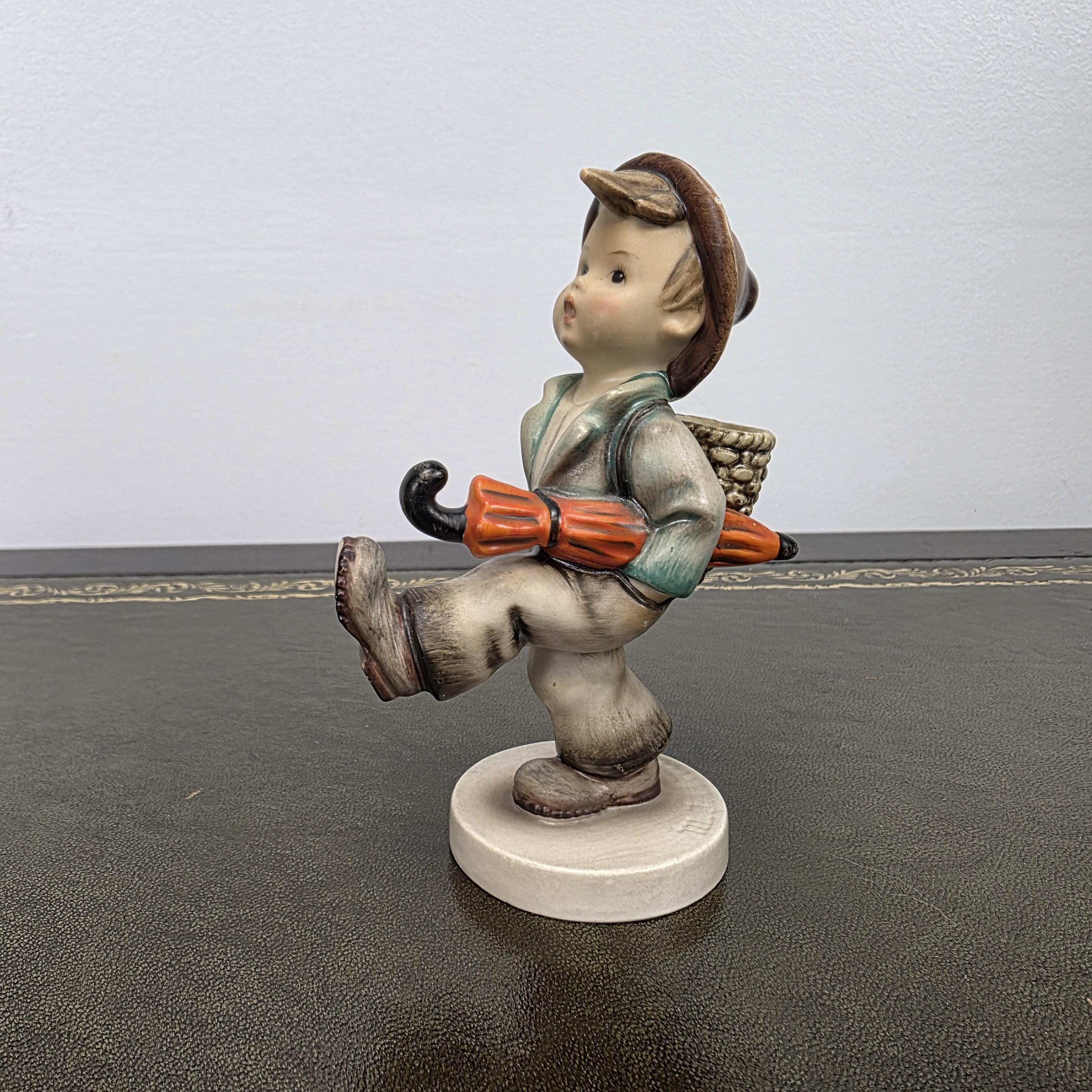 Hummel Goebel Umbrella Boy Figurine with Basket | Vintage German Porcelain Collectible Shelf Display Statue