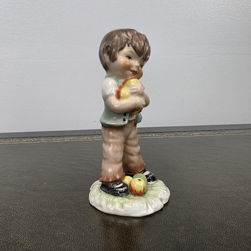 Vintage West Germany Porcelain Boy Figurine Holding Apples | Goebel Hummel Collectible Display Statue Decor