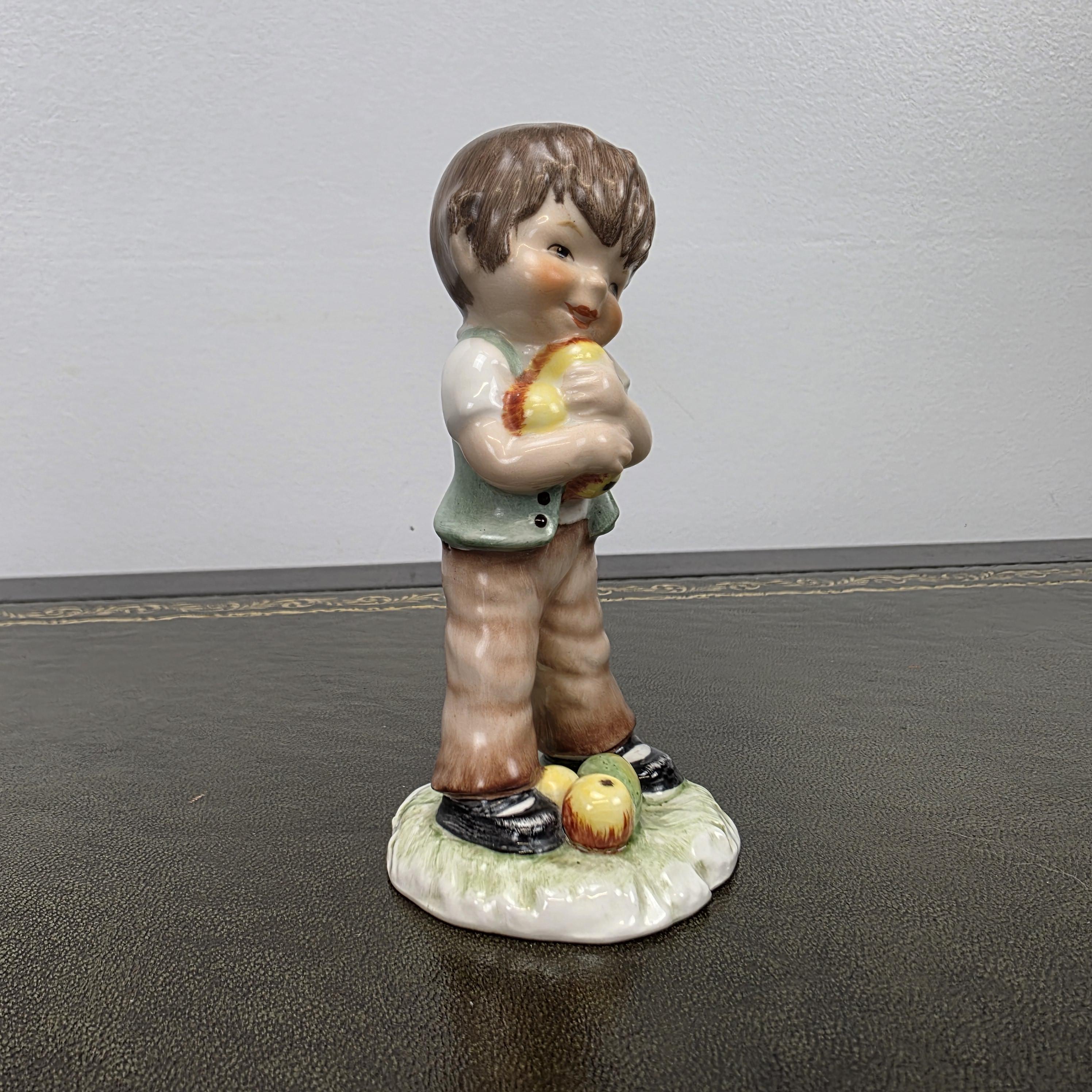 Vintage West Germany Porcelain Boy Figurine Holding Apples | Goebel Hummel Collectible Display Statue Decor