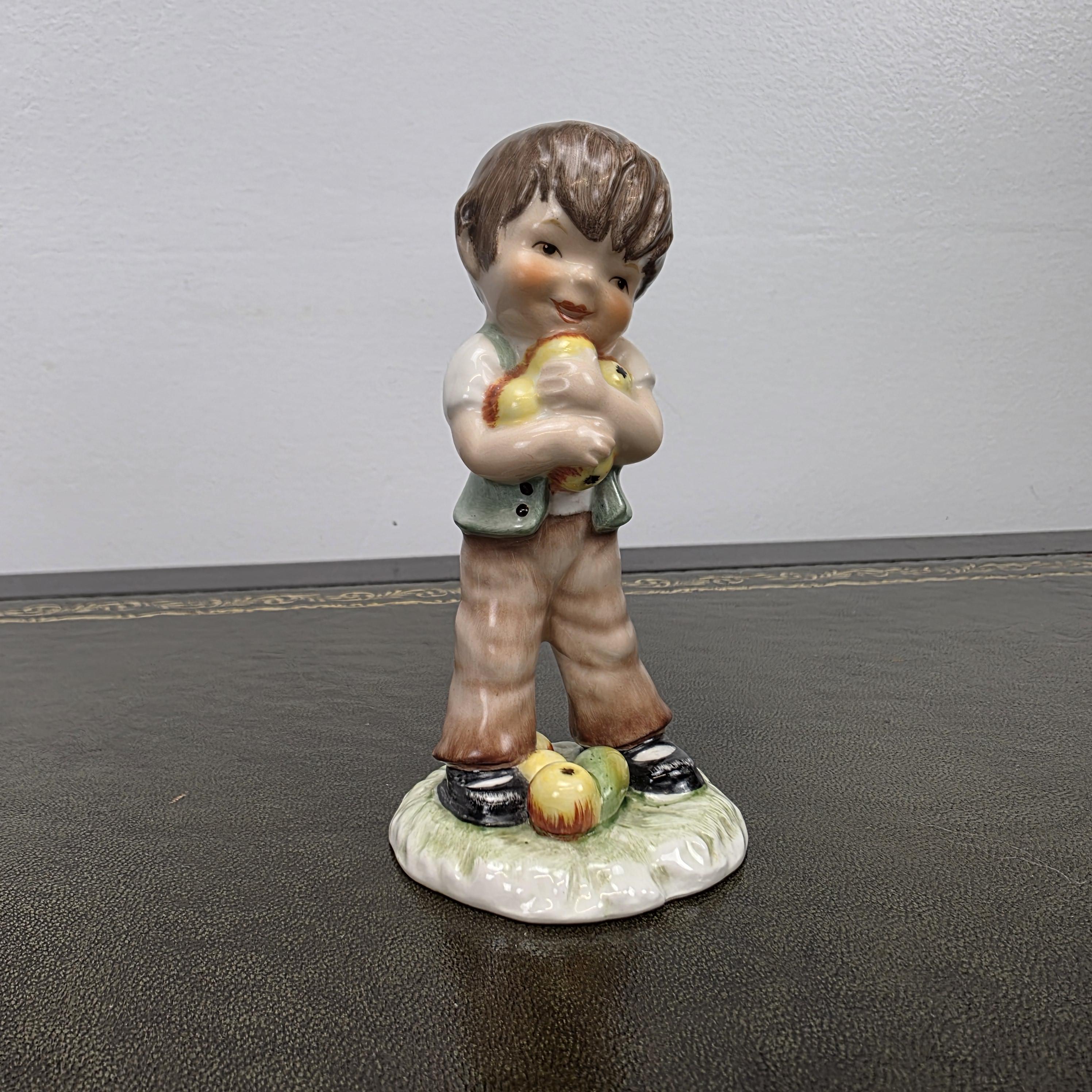 Vintage West Germany Porcelain Boy Figurine Holding Apples | Goebel Hummel Collectible Display Statue Decor