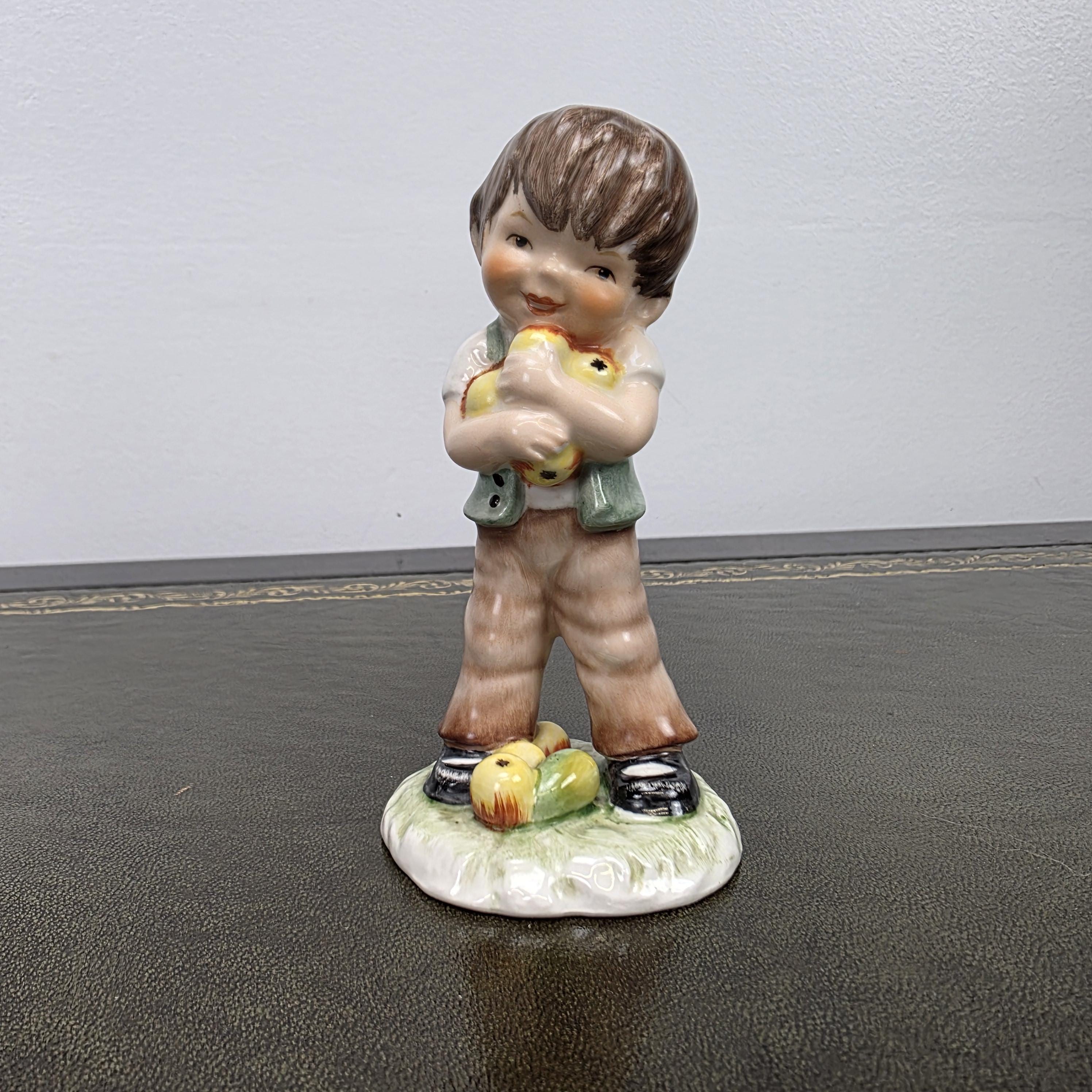 Vintage West Germany Porcelain Boy Figurine Holding Apples | Goebel Hummel Collectible Display Statue Decor
