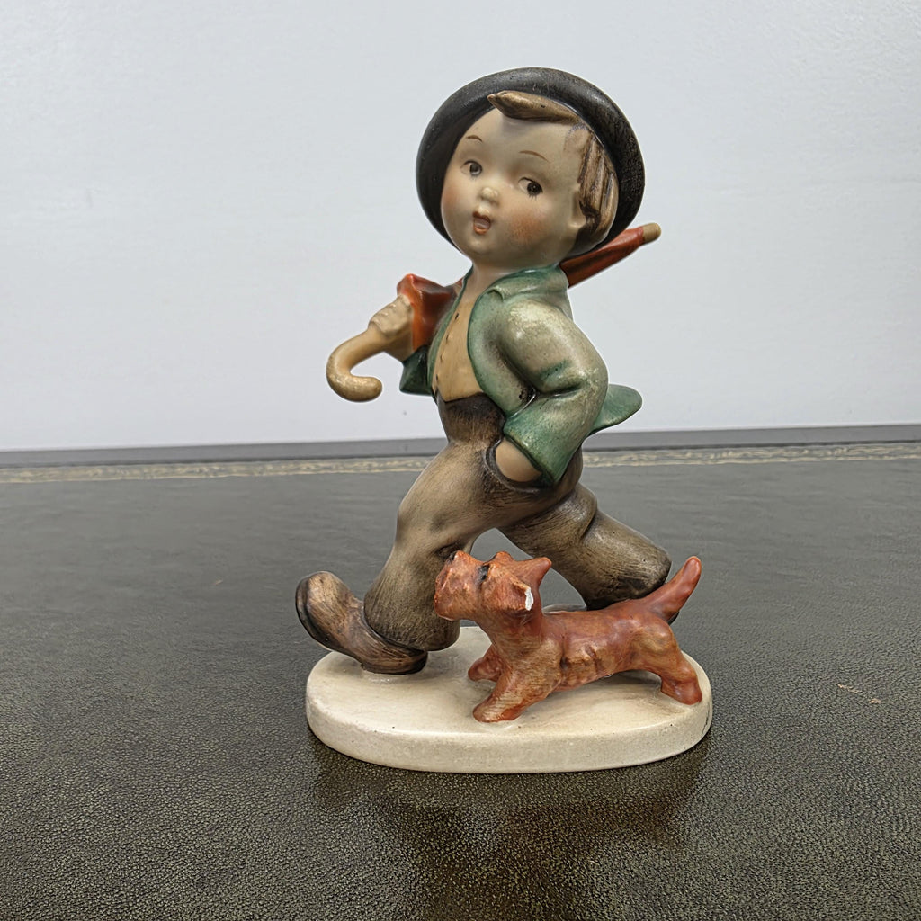 Vintage Goebel Hummel Boy Figurine with Umbrella and Dog | Germany Marked Porcelain Collectible 1950s