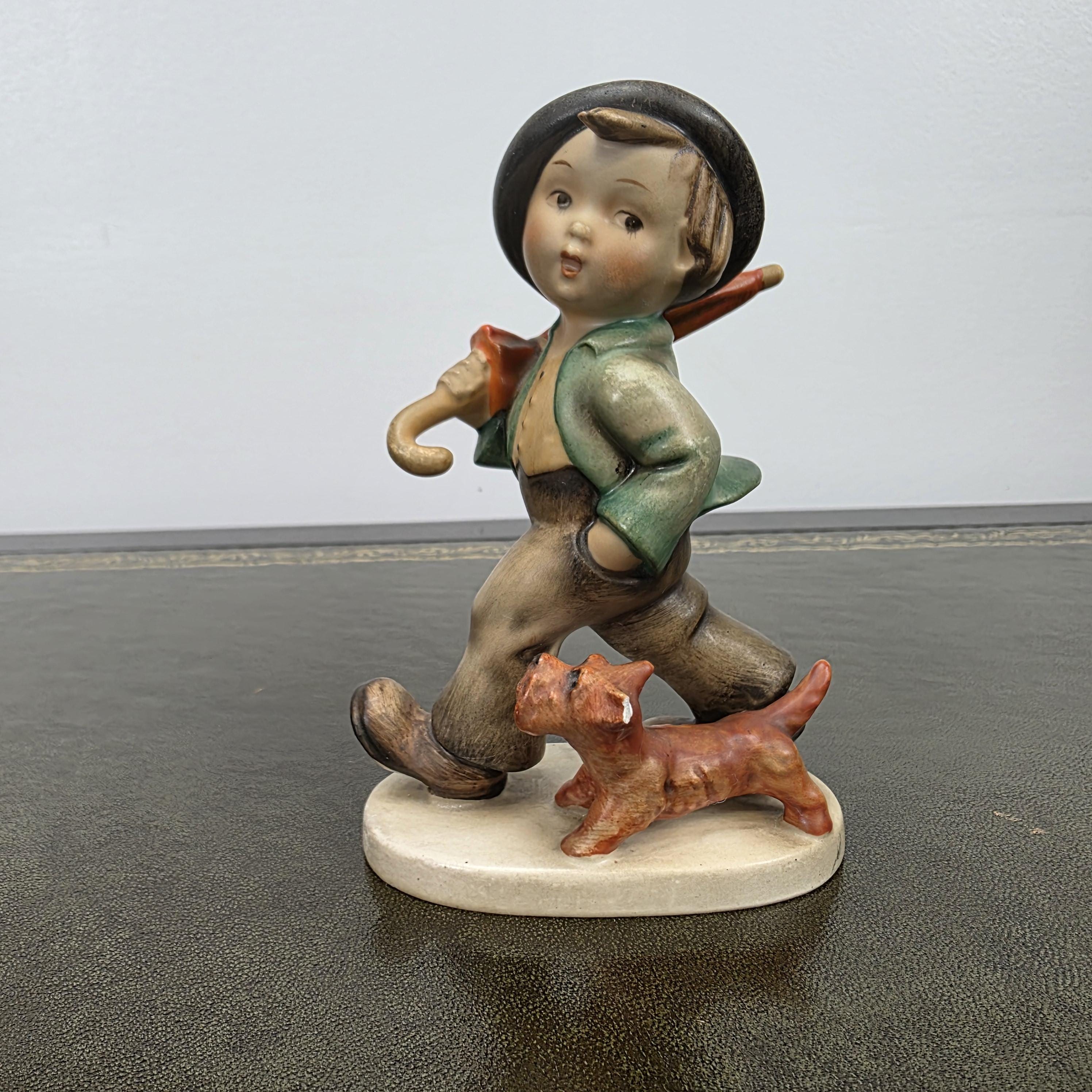 Vintage Goebel Hummel Boy Figurine with Umbrella and Dog | Germany Marked Porcelain Collectible 1950s