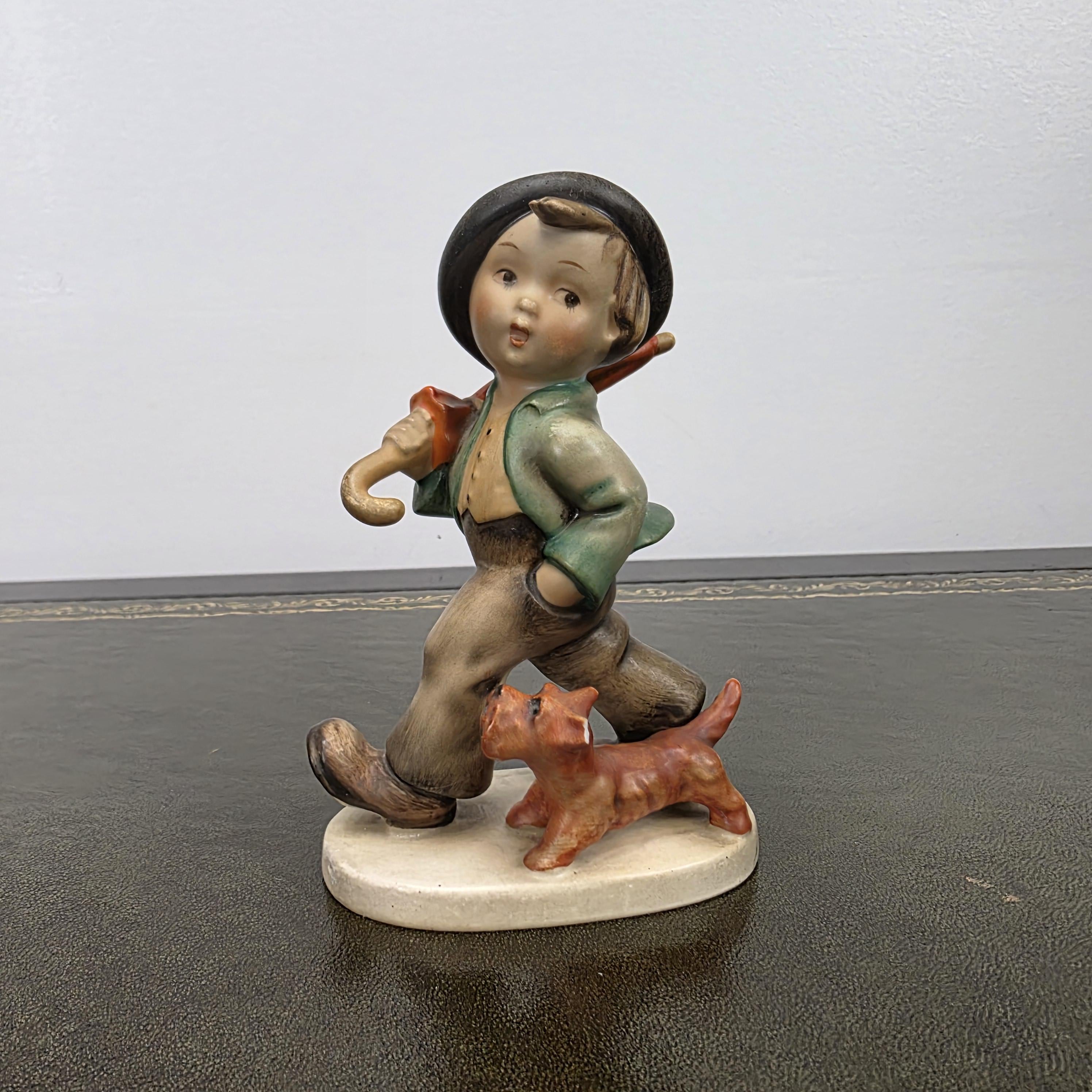 Vintage Goebel Hummel Boy Figurine with Umbrella and Dog | Germany Marked Porcelain Collectible 1950s