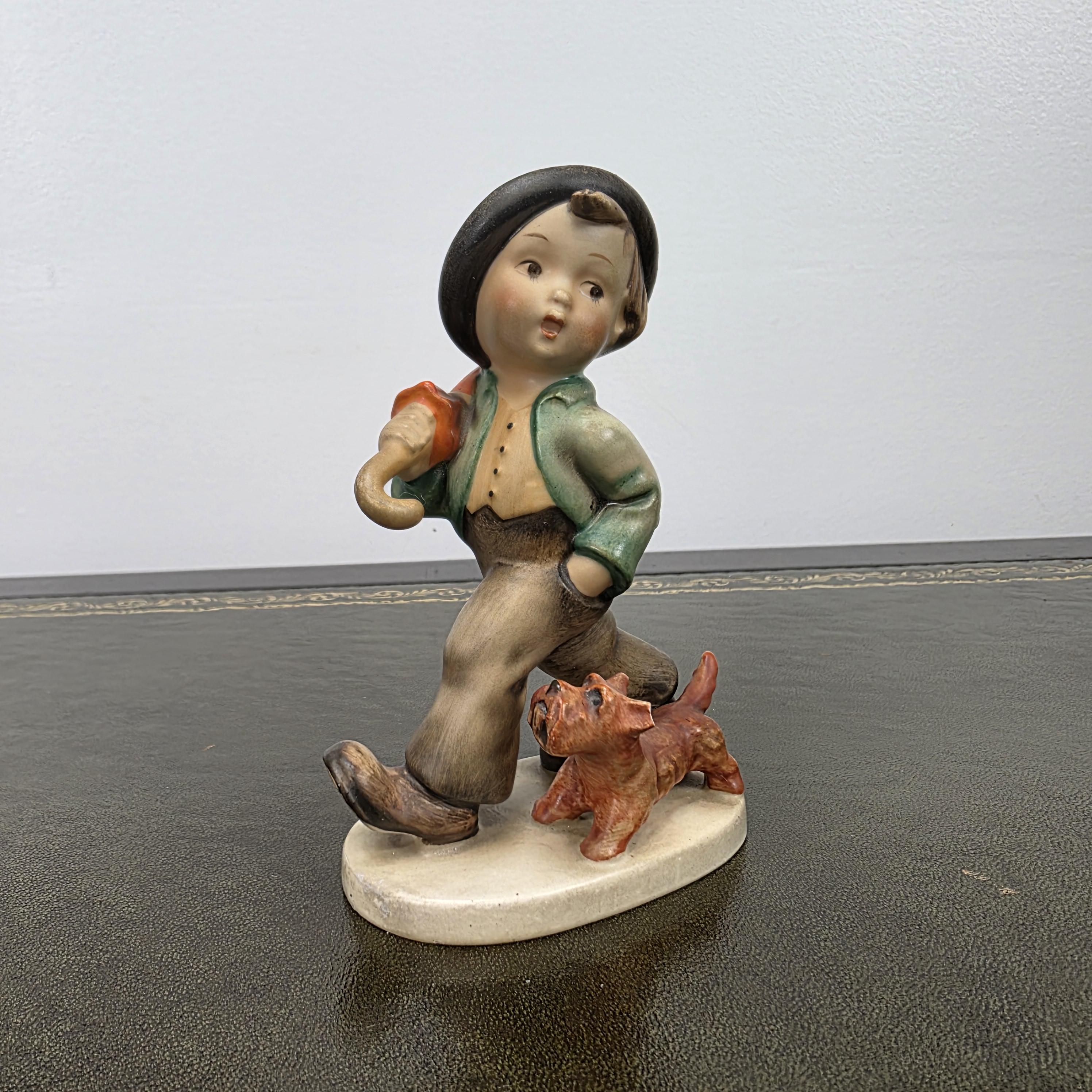 Vintage Goebel Hummel Boy Figurine with Umbrella and Dog | Germany Marked Porcelain Collectible 1950s