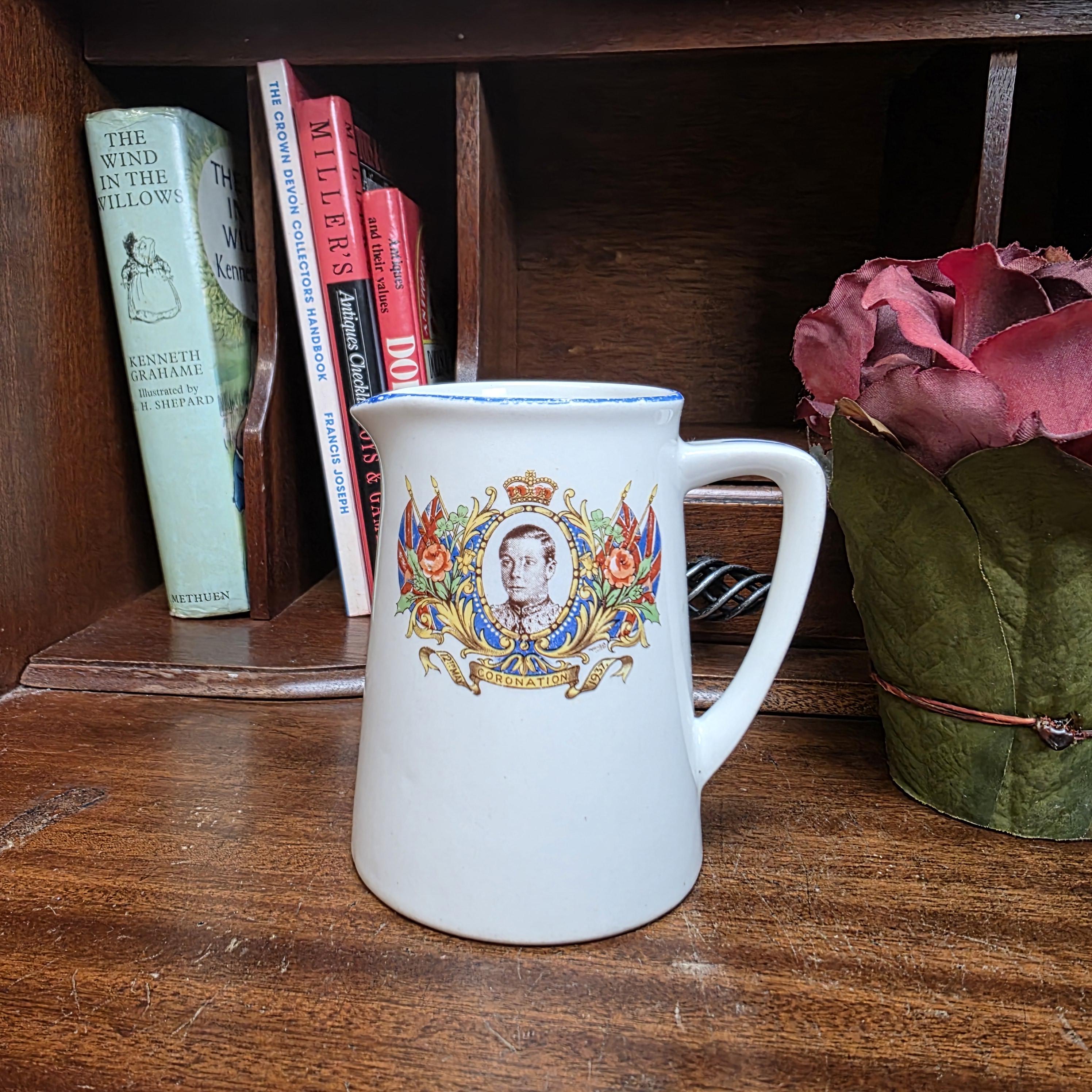 Antique Coronation Jug Ceramic Pitcher John Haddock Sons Royal Vitreous England 1937 Collectible Decor