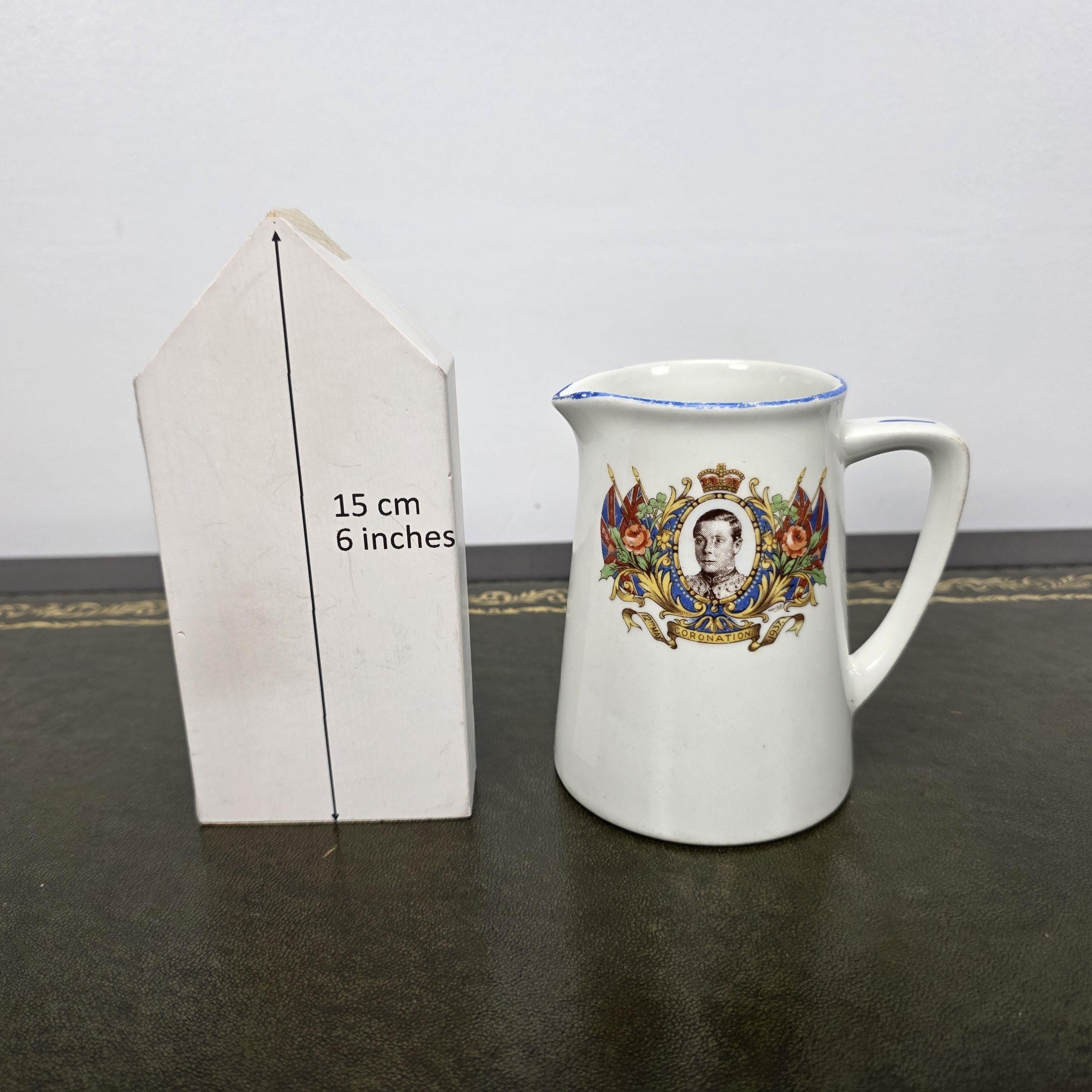 Antique Coronation Jug Ceramic Pitcher John Haddock Sons Royal Vitreous England 1937 Collectible Decor