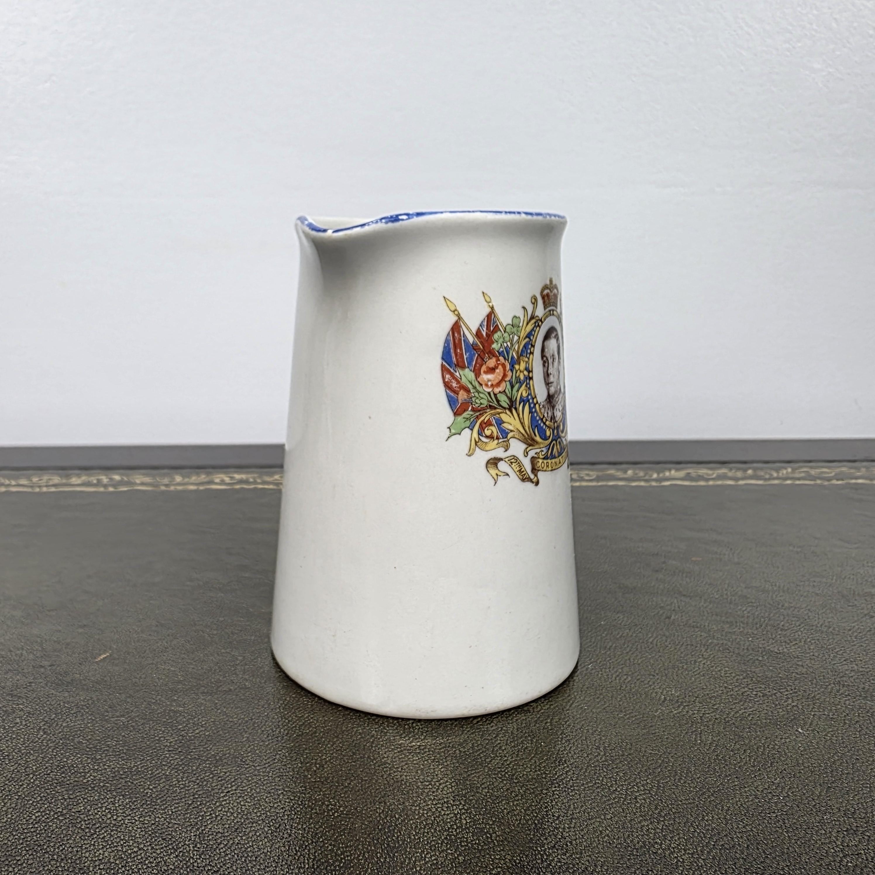 Antique Coronation Jug Ceramic Pitcher John Haddock Sons Royal Vitreous England 1937 Collectible Decor