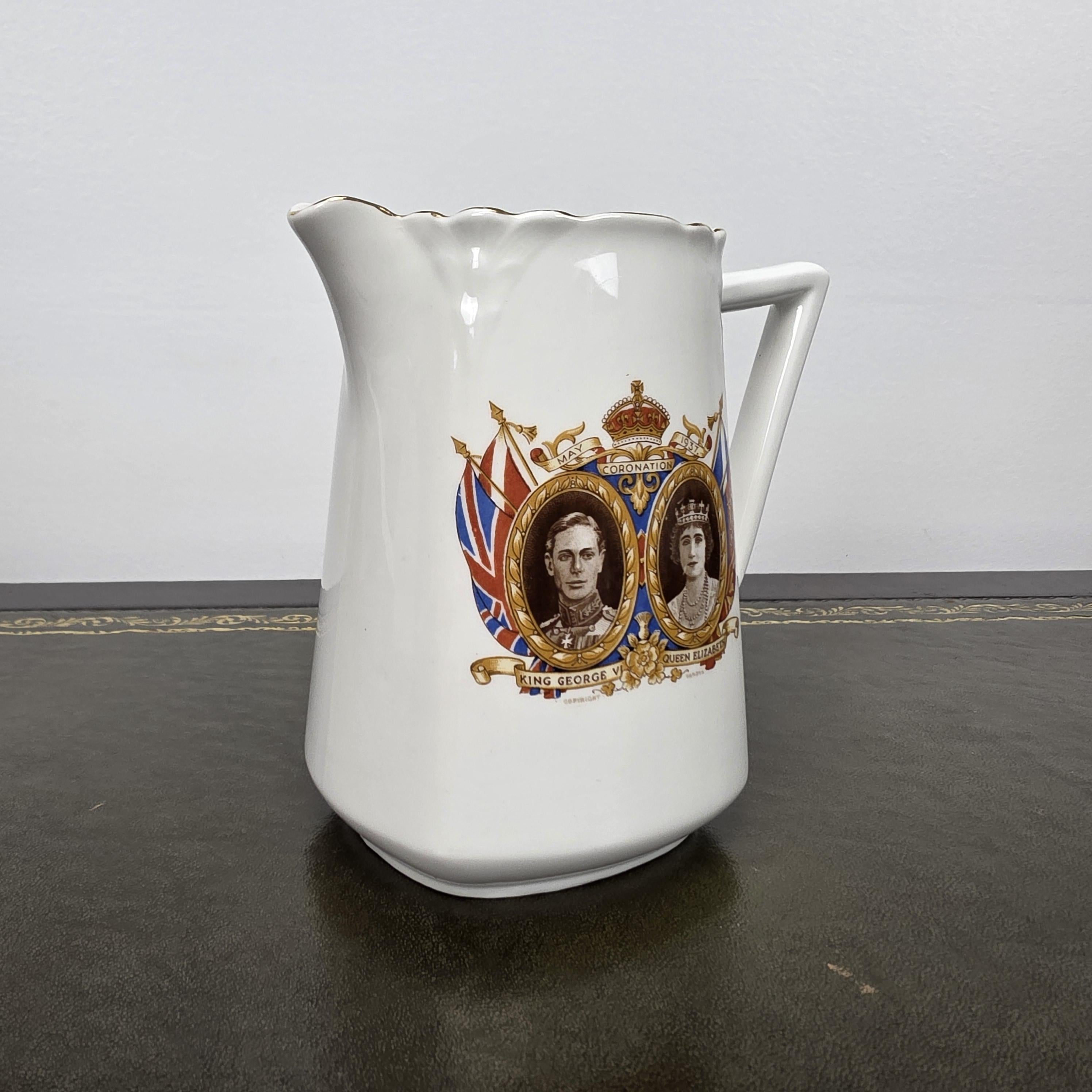 Antique Coronation Jug Ceramic Pitcher CWS Windsor China King George VI England 1937 Collectible