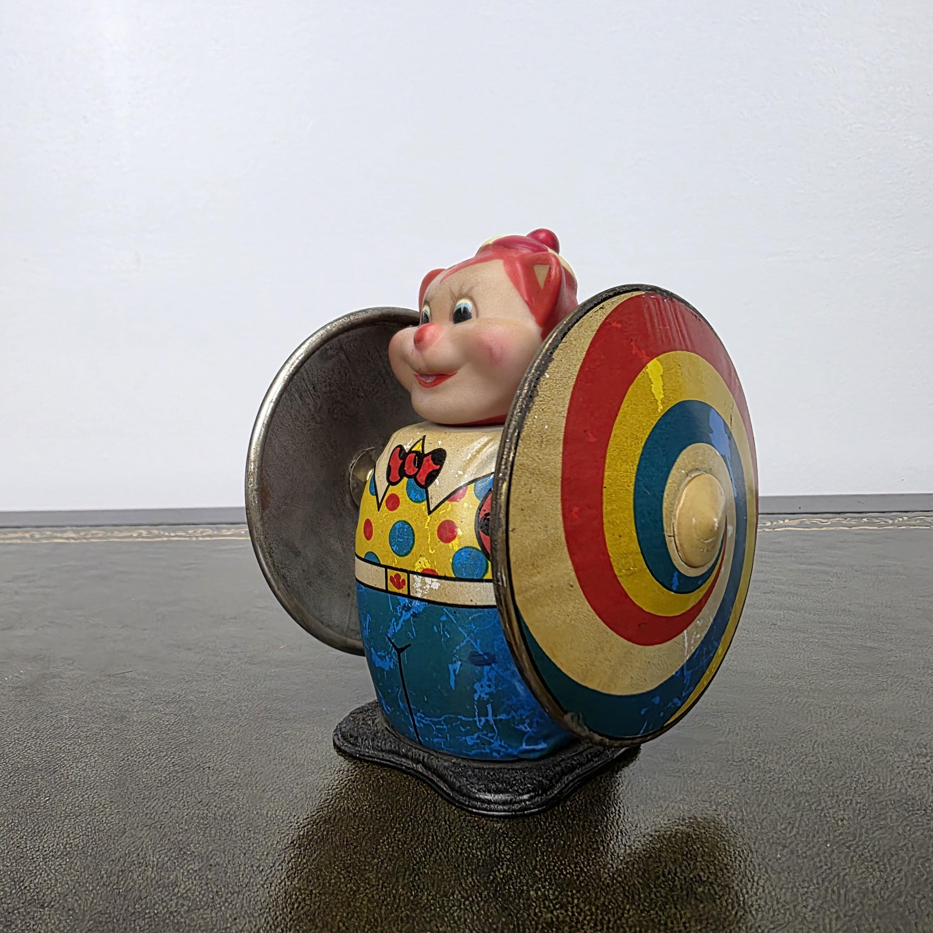 Vintage MS207 Wind Up Tin Toy Clown Cymbal Player Metal Clockwork Mechanical Display Collectible