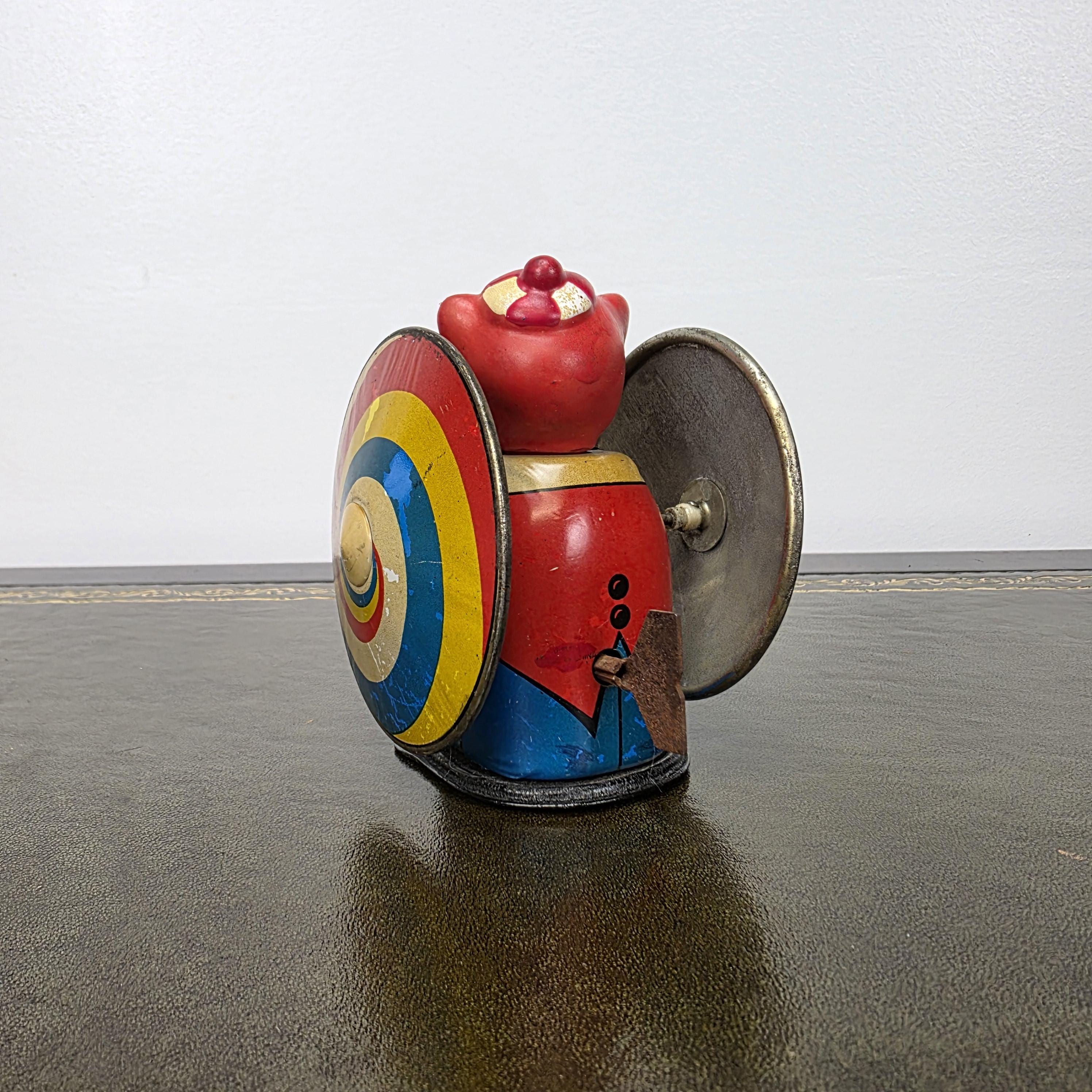 Vintage MS207 Wind Up Tin Toy Clown Cymbal Player Metal Clockwork Mechanical Display Collectible