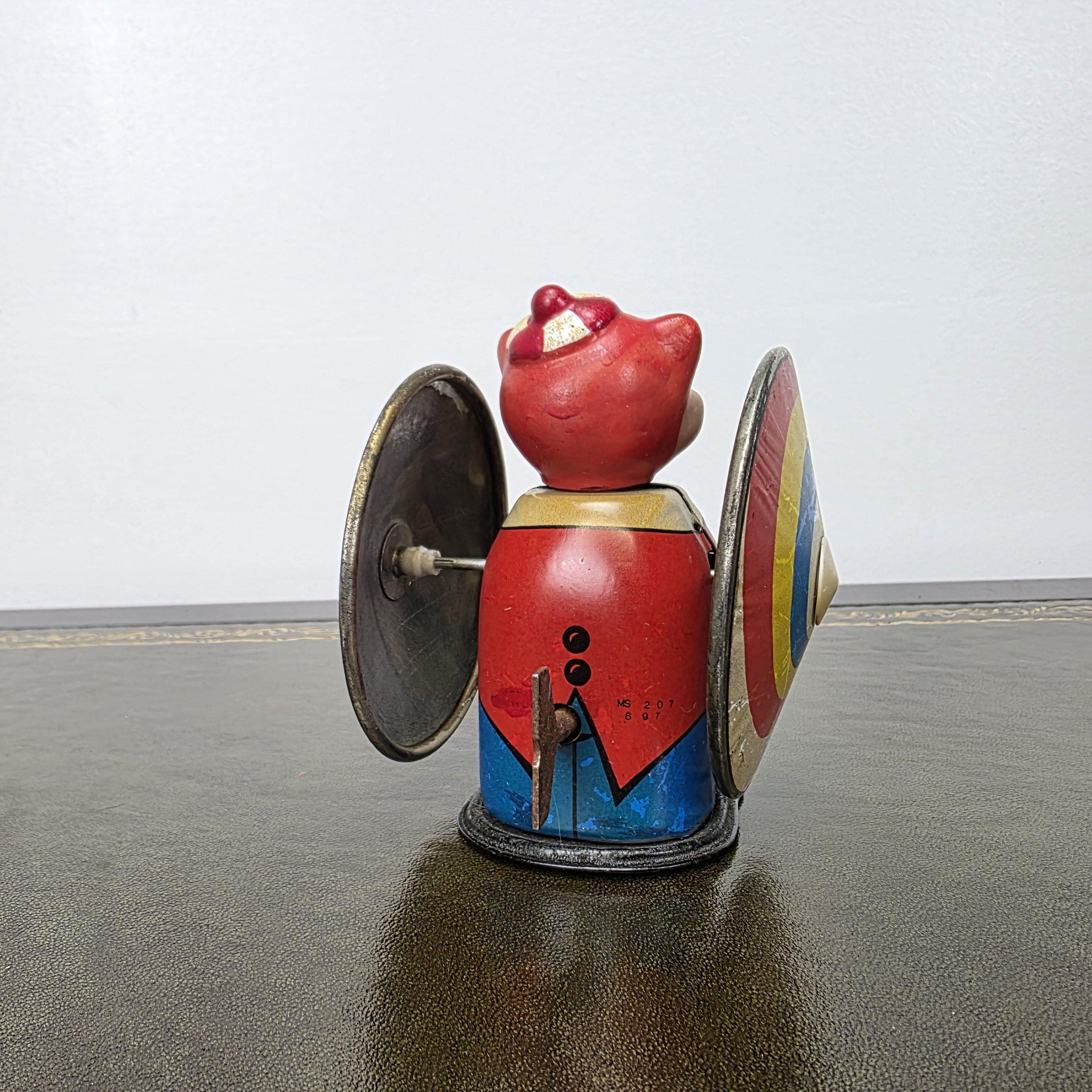 Vintage MS207 Wind Up Tin Toy Clown Cymbal Player Metal Clockwork Mechanical Display Collectible
