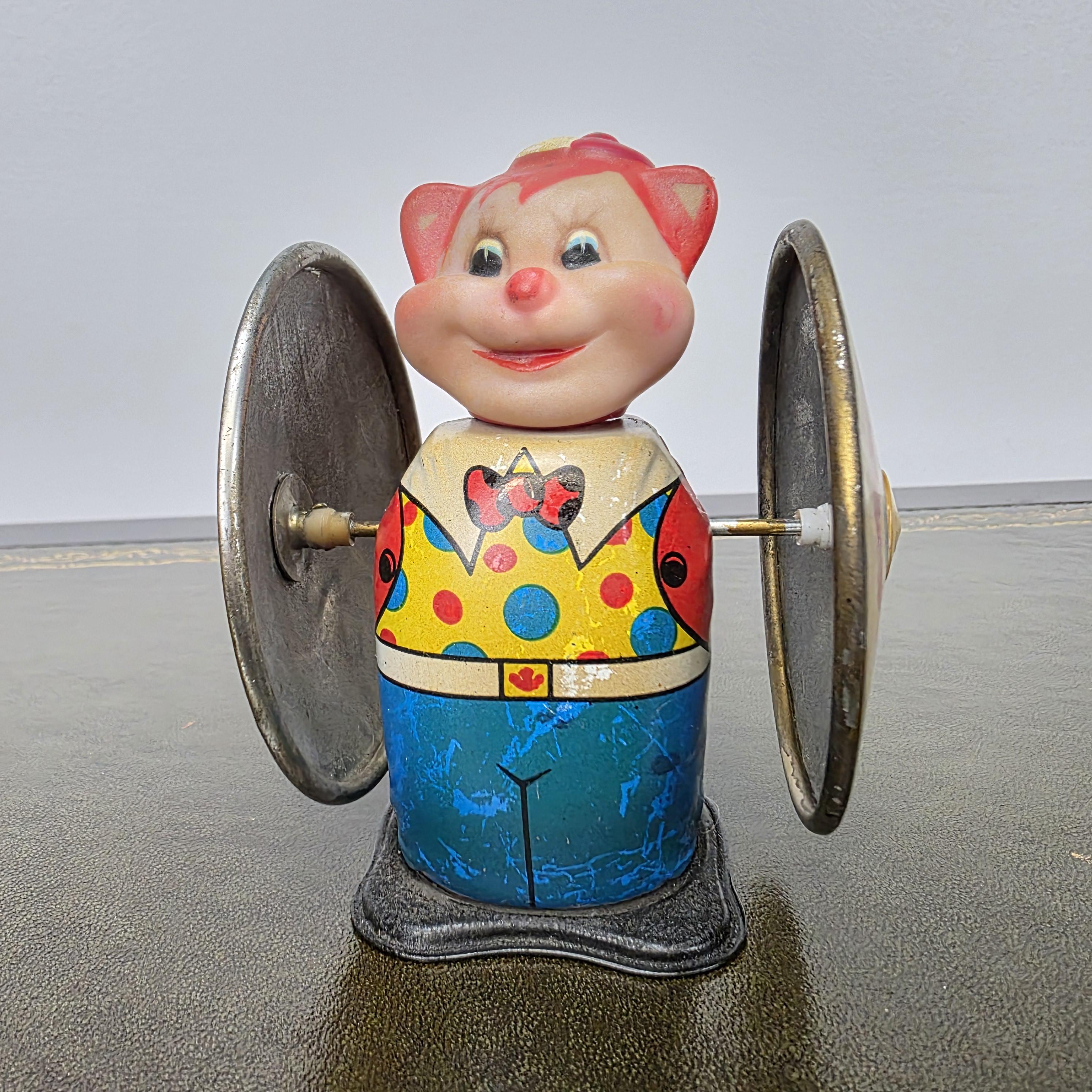 Vintage MS207 Wind Up Tin Toy Clown Cymbal Player Metal Clockwork Mechanical Display Collectible