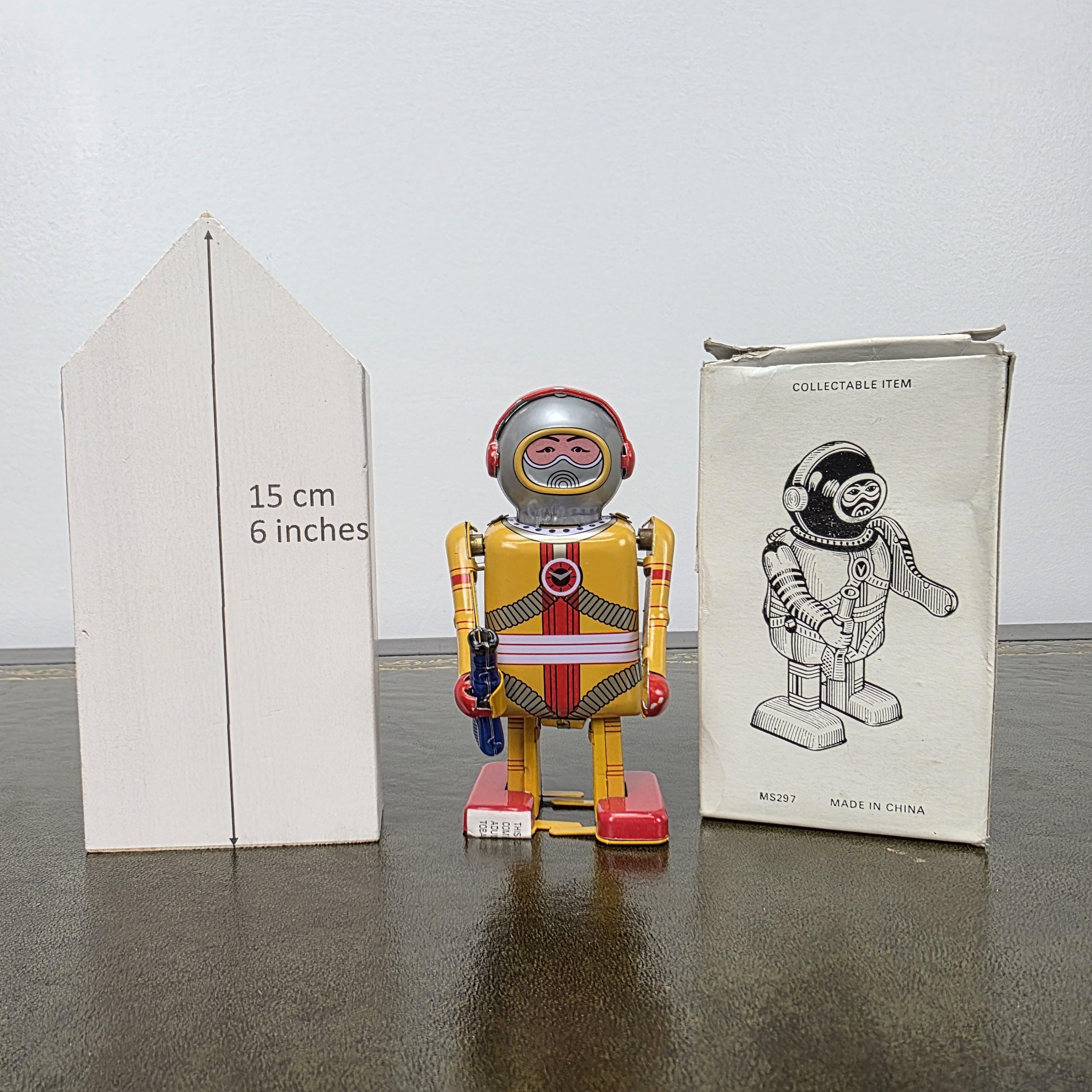 Vintage Wind Up Robot MS297 Yellow Tin Toy | Boxed Collectible Space Figure | 1980s China
