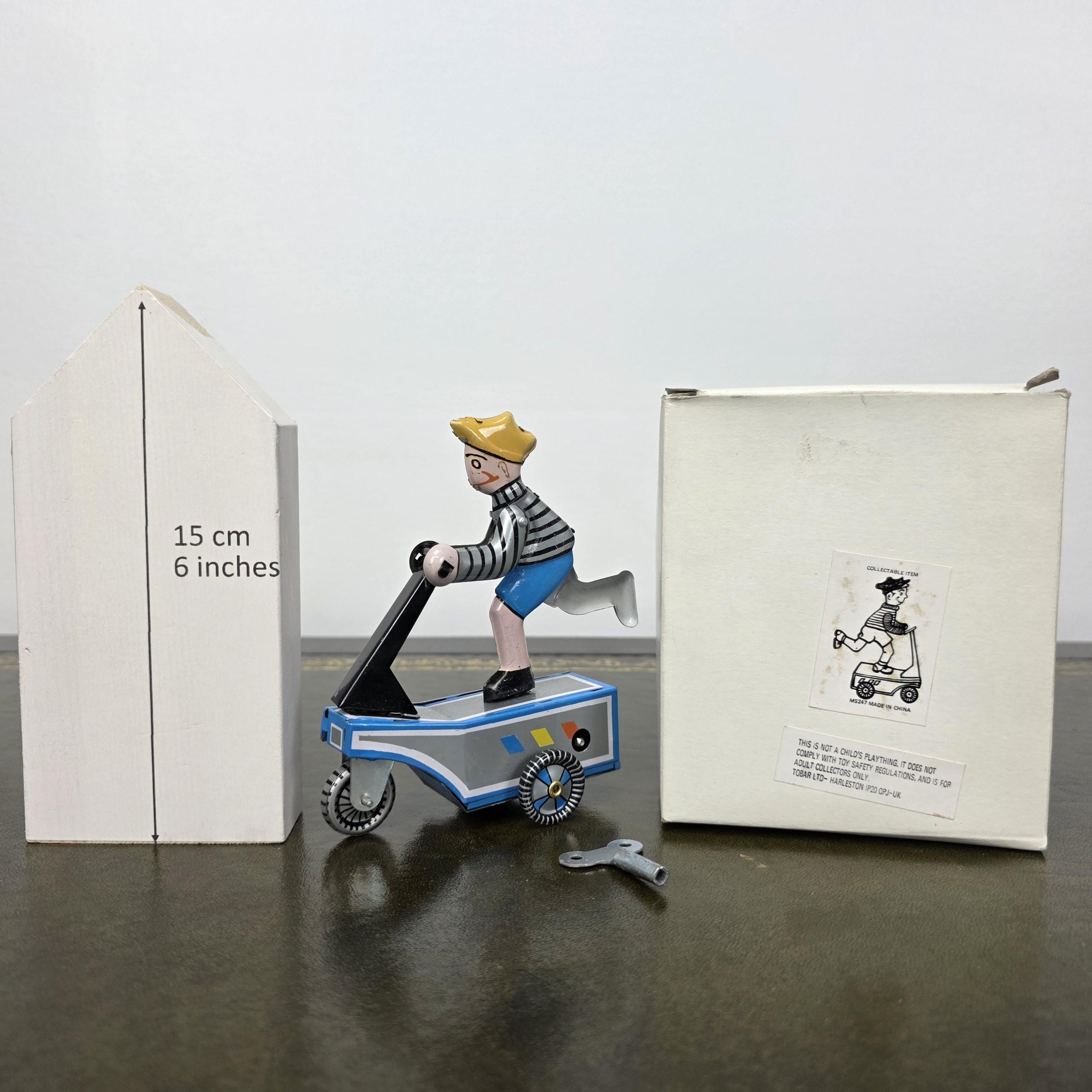 Vintage Wind Up Scooter Boy MS247 Tin Toy | Boxed Retro Mechanical Figure | 1980s Collectible