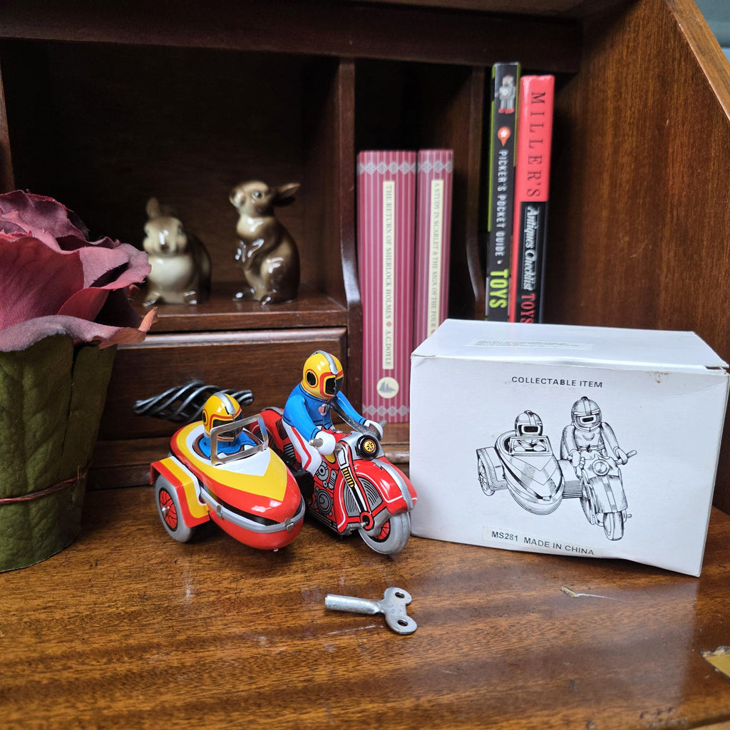 Vintage Wind Up Motorcycle with Sidecar MS281 Tin Toy | Boxed Collectable | China 1980s